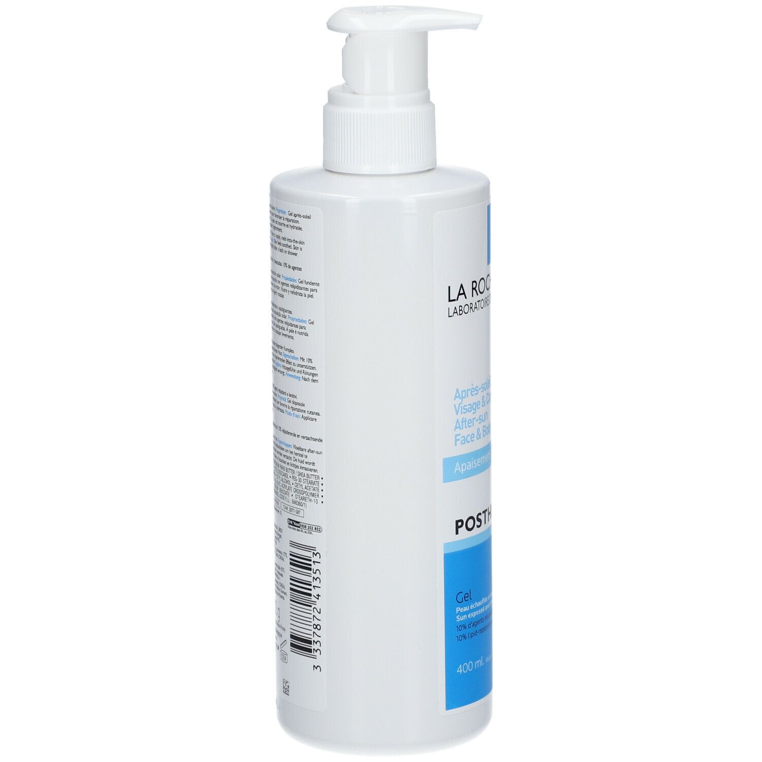 Flacone bianco, retro con testo. Scritta: LA ROCHE-POSAY, POSTHELIOS, Après-soleil, Visage & Corps, After-sun, Face & Body.