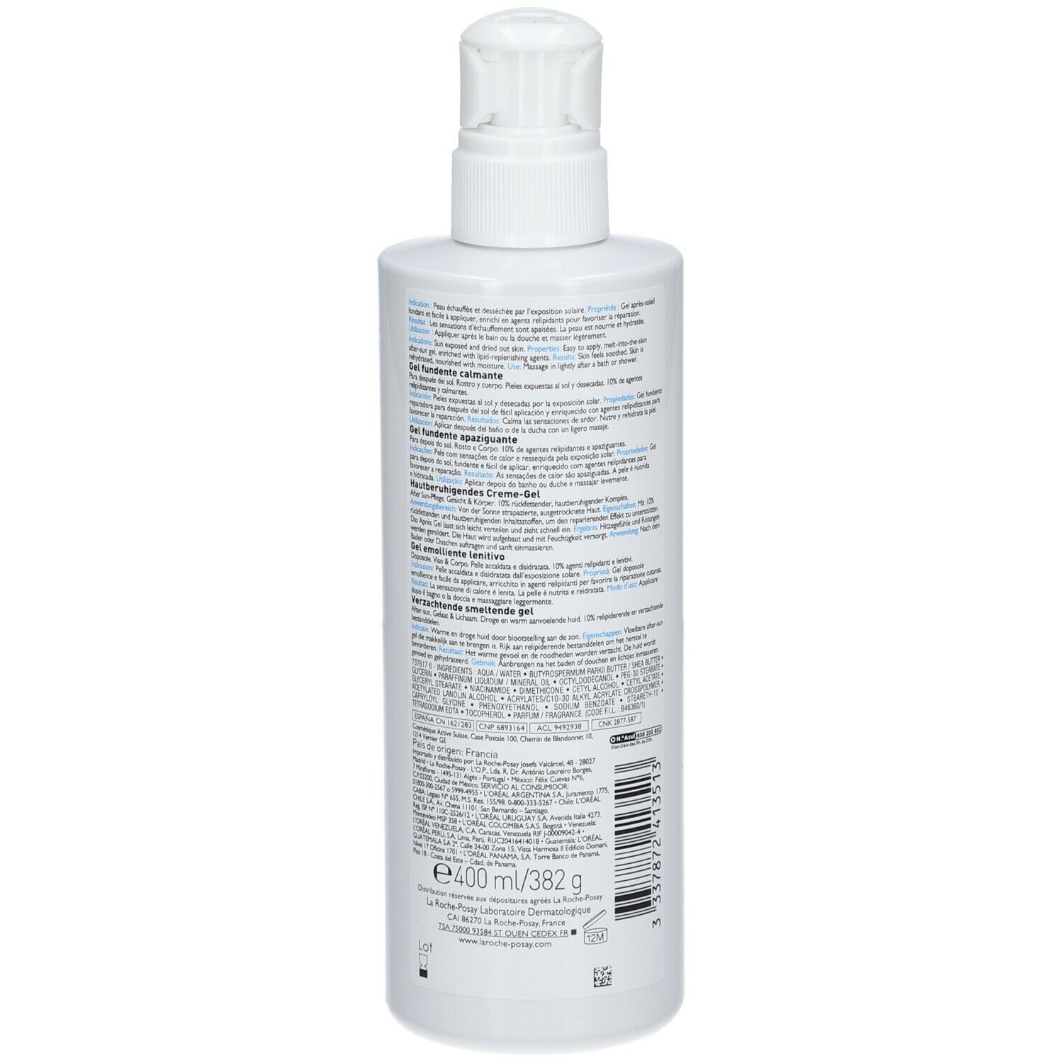Flacone bianco, retro con testo. Scritta: LA ROCHE-POSAY, POSTHELIOS, Après-soleil, Visage & Corps, After-sun, Face & Body.