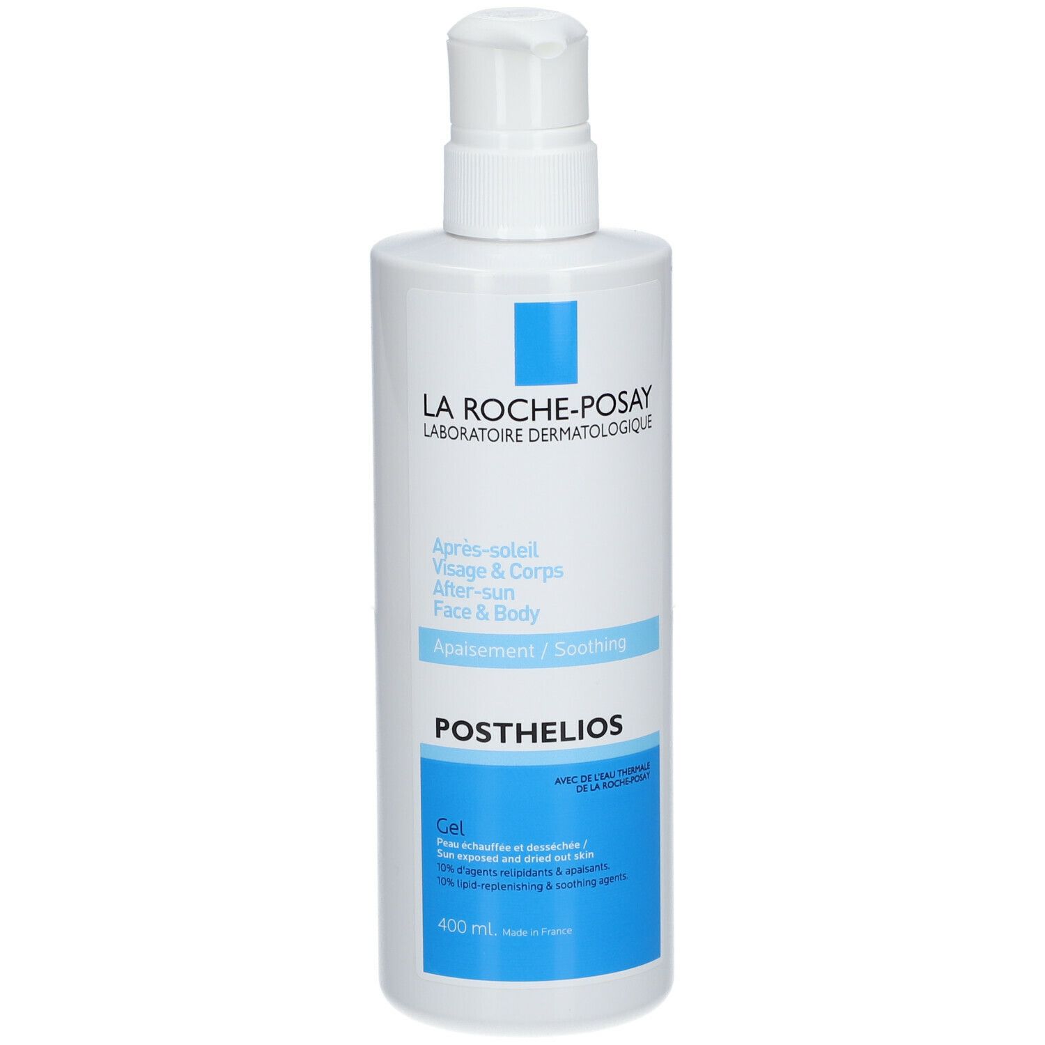 Flacone bianco con etichetta blu. Scritta: LA ROCHE-POSAY, POSTHELIOS, Après-soleil, Visage & Corps, After-sun, Face & Body.