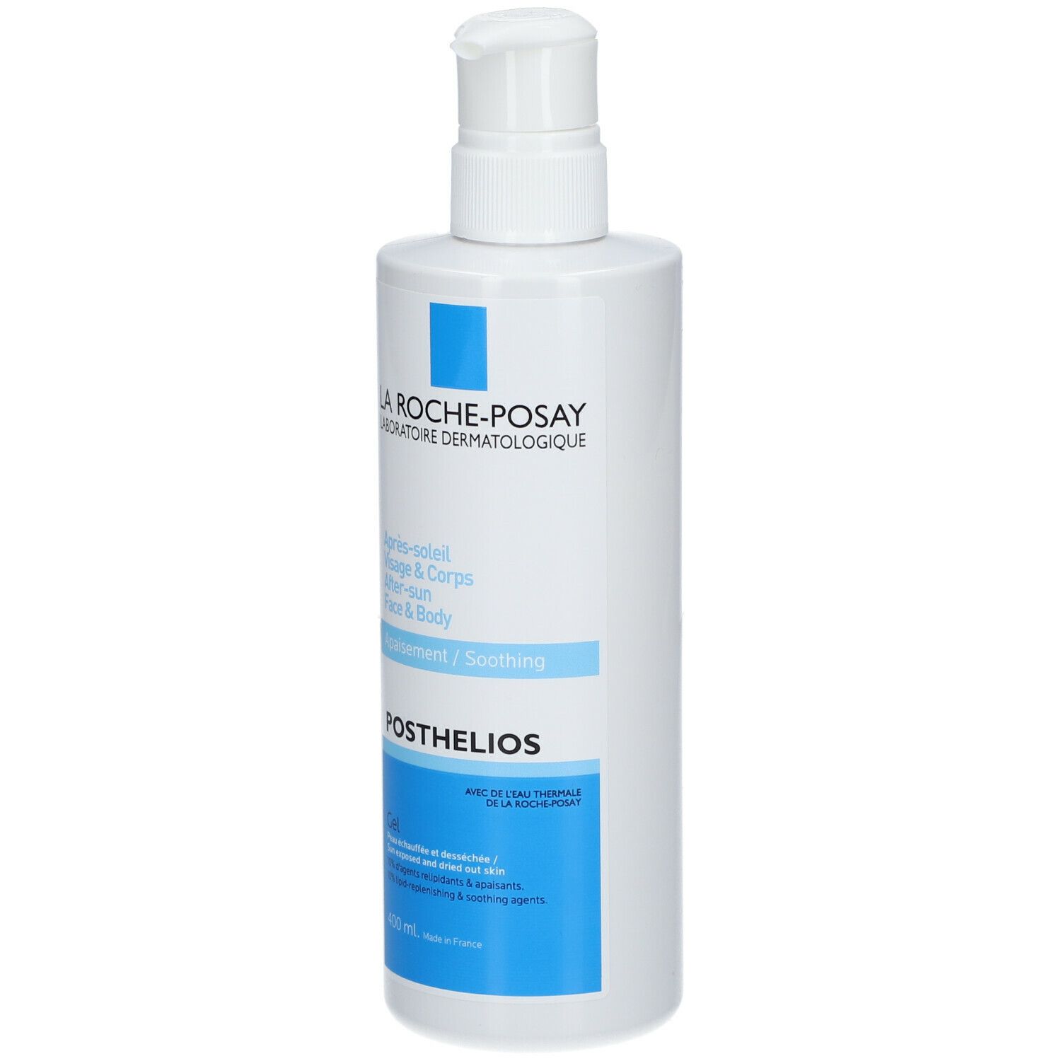 Flacone bianco con etichetta blu. Scritta: LA ROCHE-POSAY, POSTHELIOS, Après-soleil, Visage & Corps, After-sun, Face & Body.