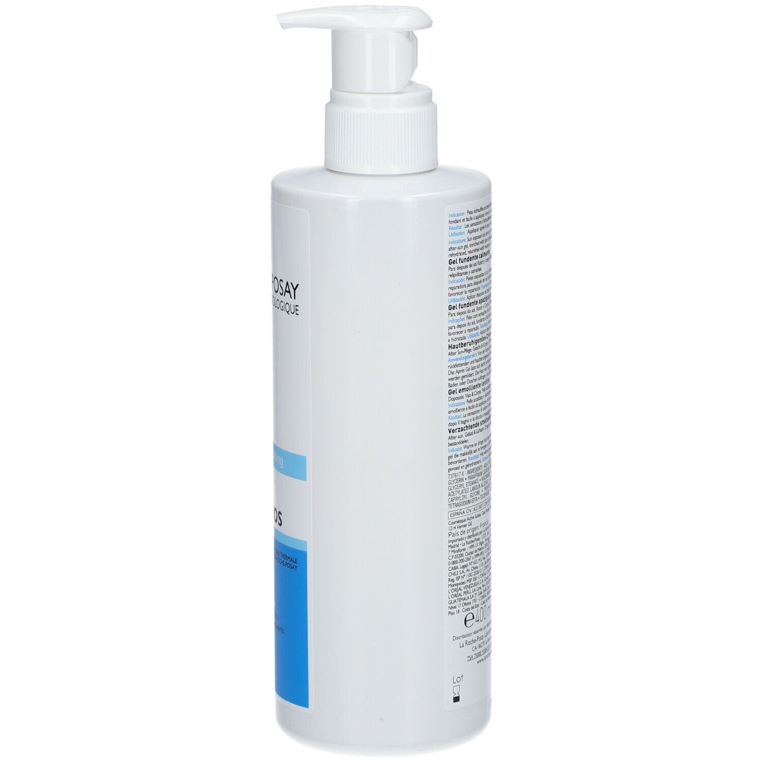 Flacone bianco, retro con testo. Scritta: LA ROCHE-POSAY, POSTHELIOS, Après-soleil, Visage & Corps, After-sun, Face & Body.