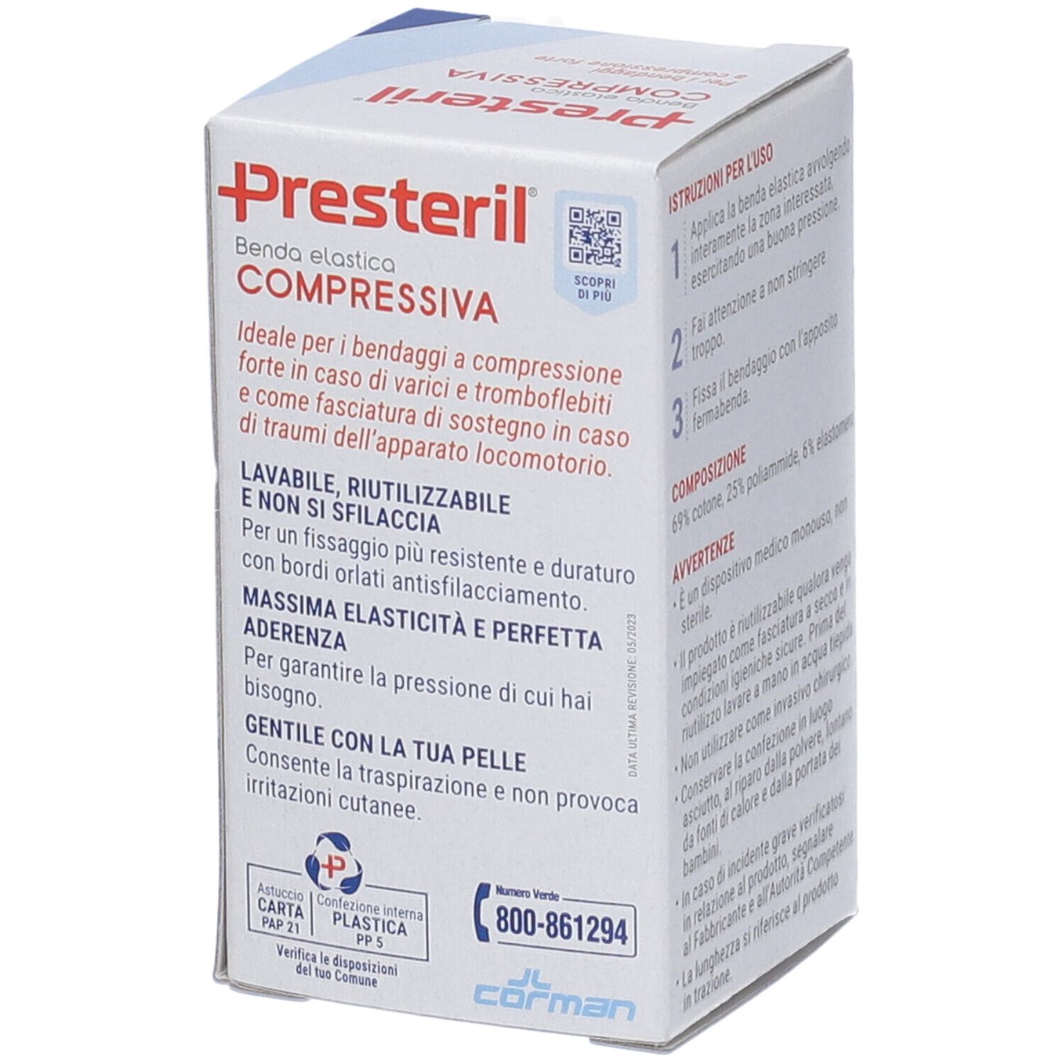 Verpackung von Benda Medipresteril. Rückseite mit Produktinformationen und Kontaktinformationen. Marke: Presteril.