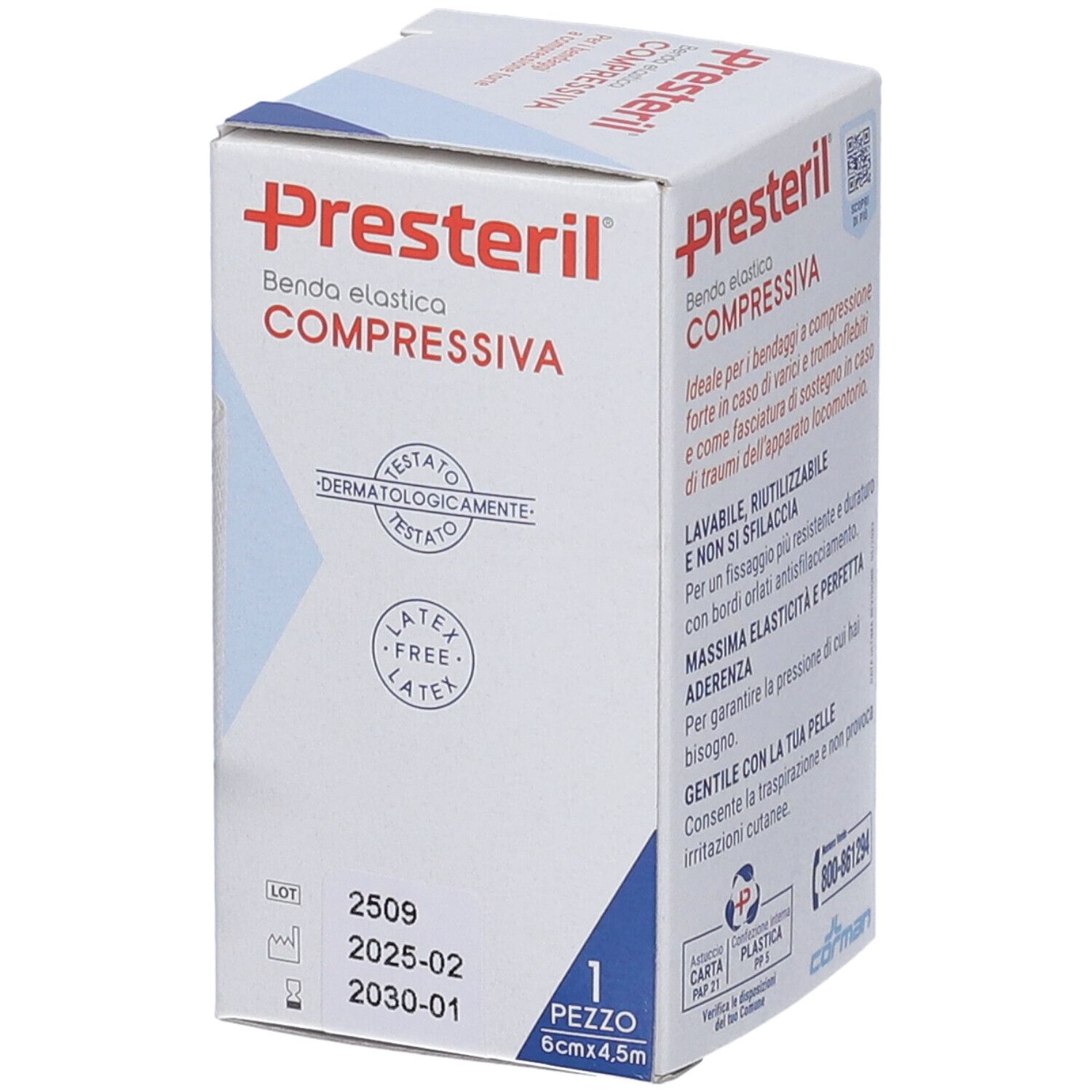 Verpackung von Benda Medipresteril. Vorderseite mit Produktinformationen und Zertifizierungen. Marke: Presteril.
