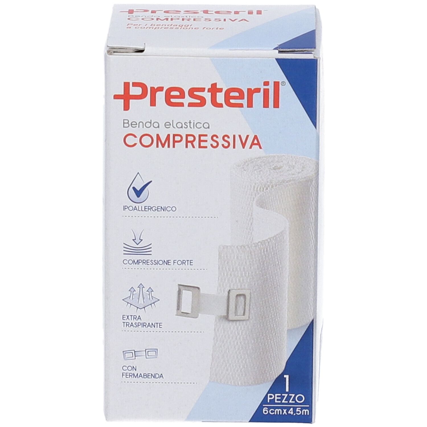 Verpackung von Benda Medipresteril. Weiße Kompressionsbinde mit Verschluss. Größe: 6cm x 4,5m. Marke: Presteril.