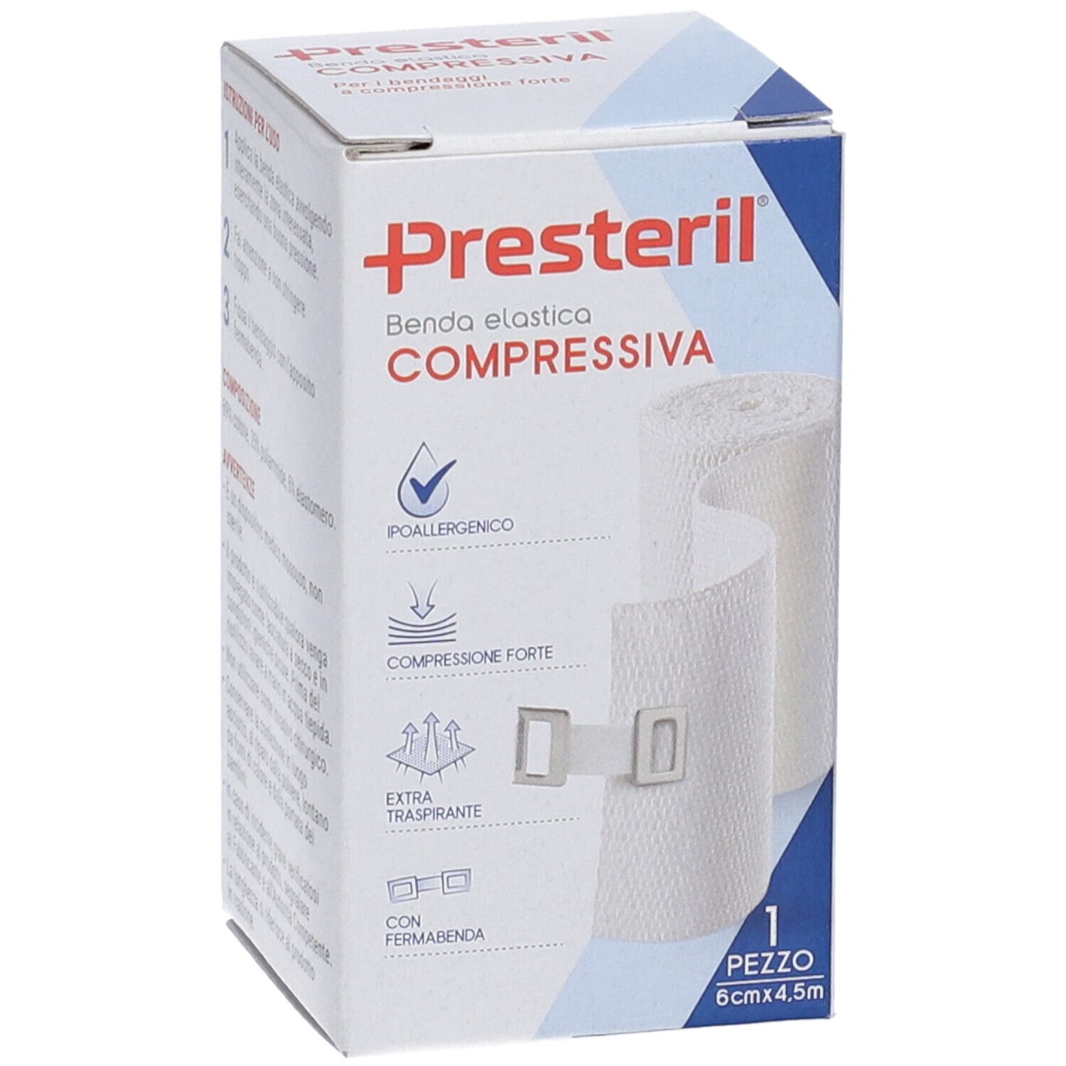 Verpackung von Benda Medipresteril. Weiße Kompressionsbinde mit Verschluss. Größe: 6cm x 4,5m. Marke: Presteril.