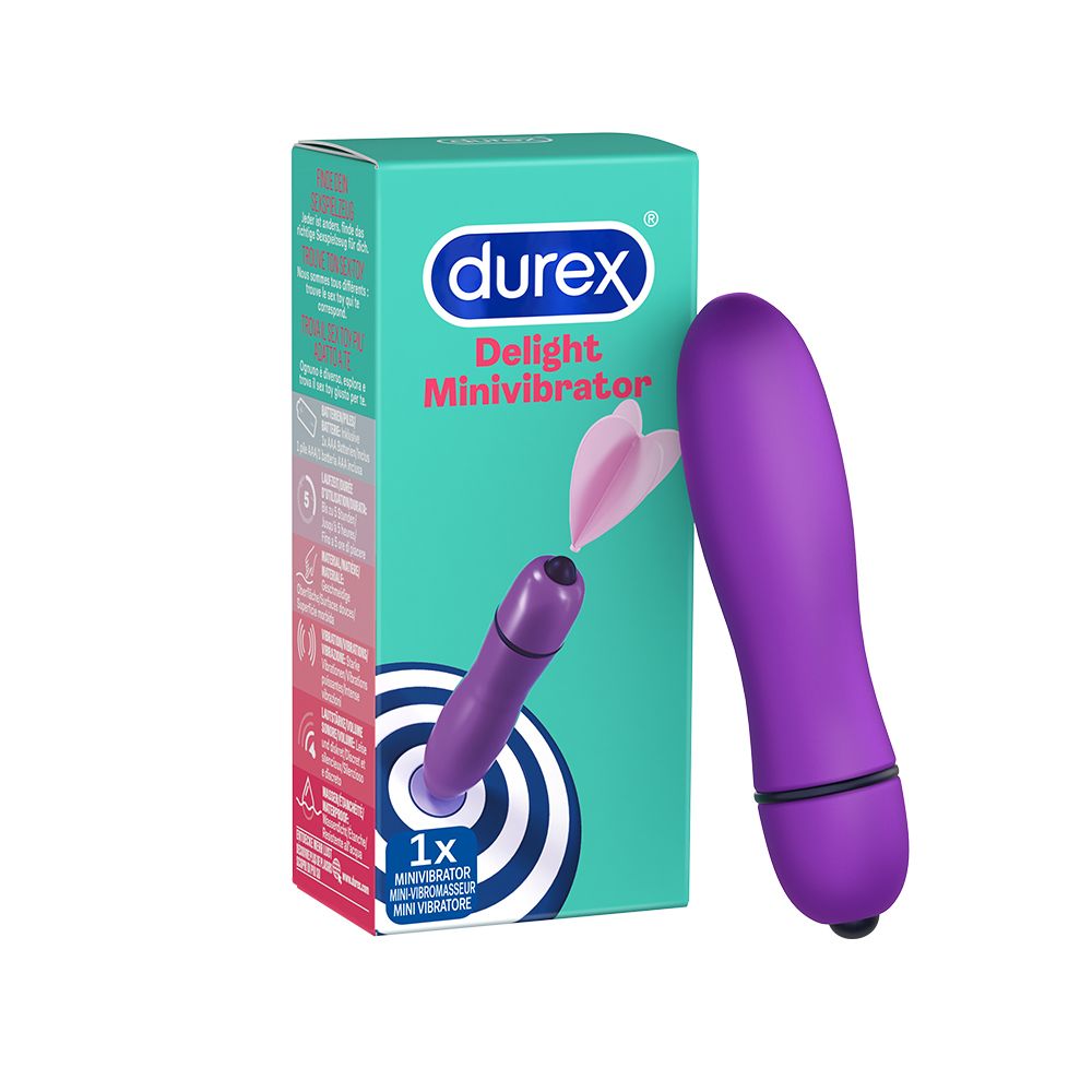 Lila Durex Delight Minivibrator mit Verpackung.
