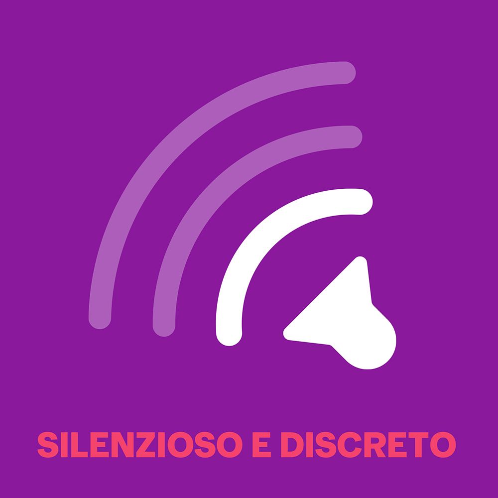 Ein lila Symbol mit drei stilisierten Funkwellen und einem Pfeil, der "still und diskret" bedeutet.