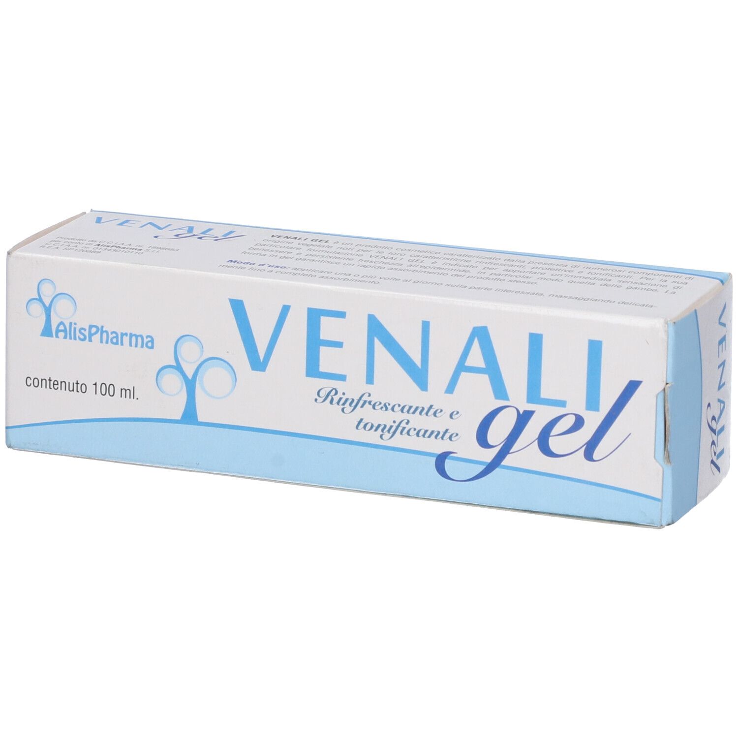 Scatola con scritta VENALI gel. Marchio AlisPharma, rinfrescante e tonificante.