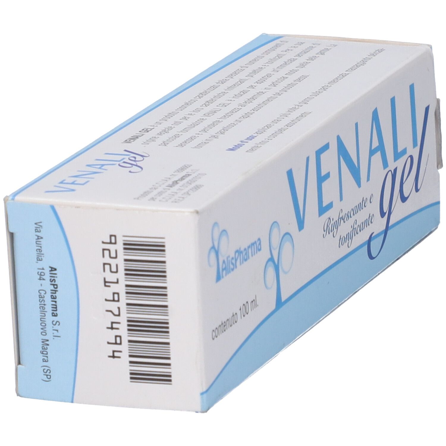 Scatola angolata. Scritta VENALI gel. Retro con codice a barre e indirizzo produttore.