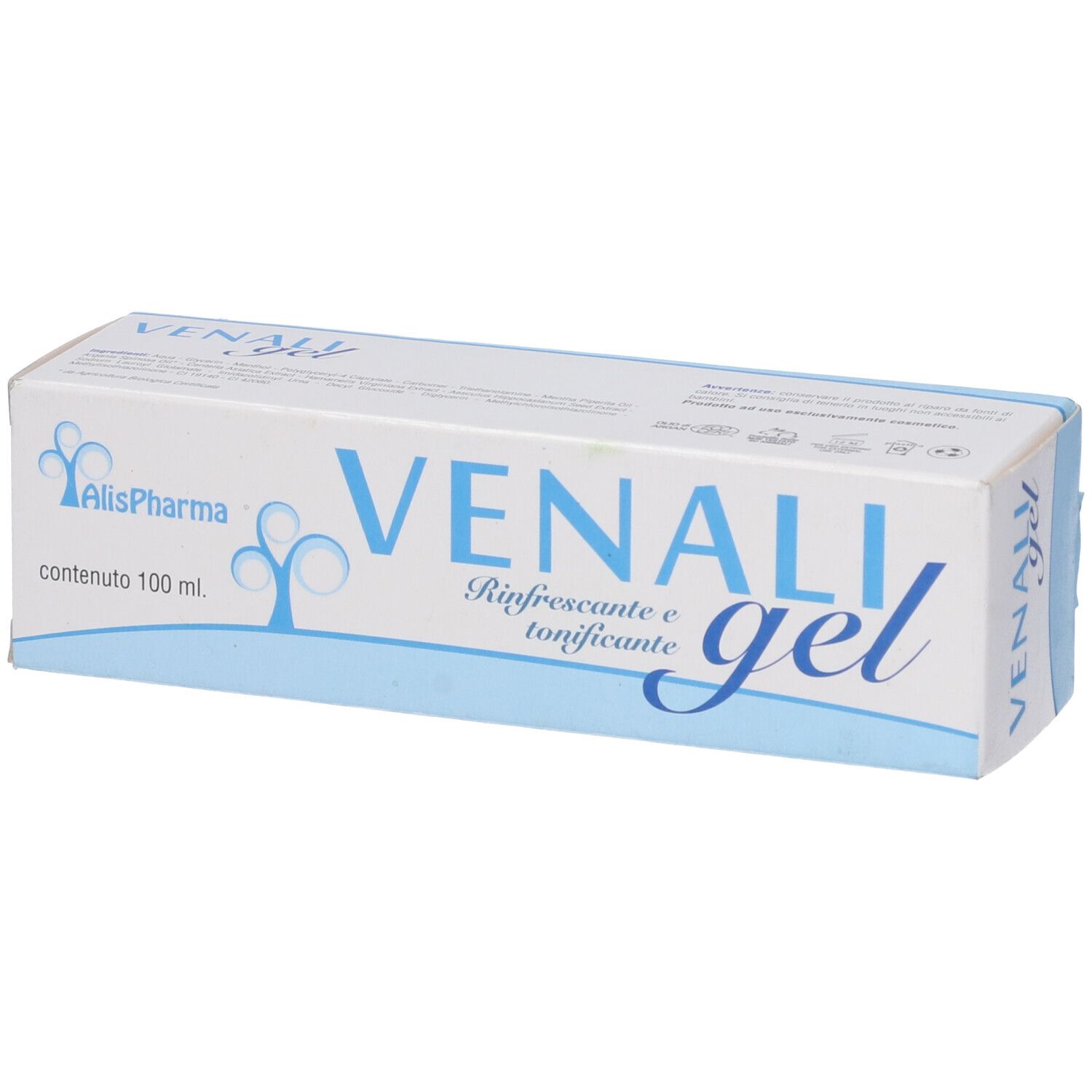 Scatola con scritta VENALI gel. Marchio AlisPharma, rinfrescante e tonificante.