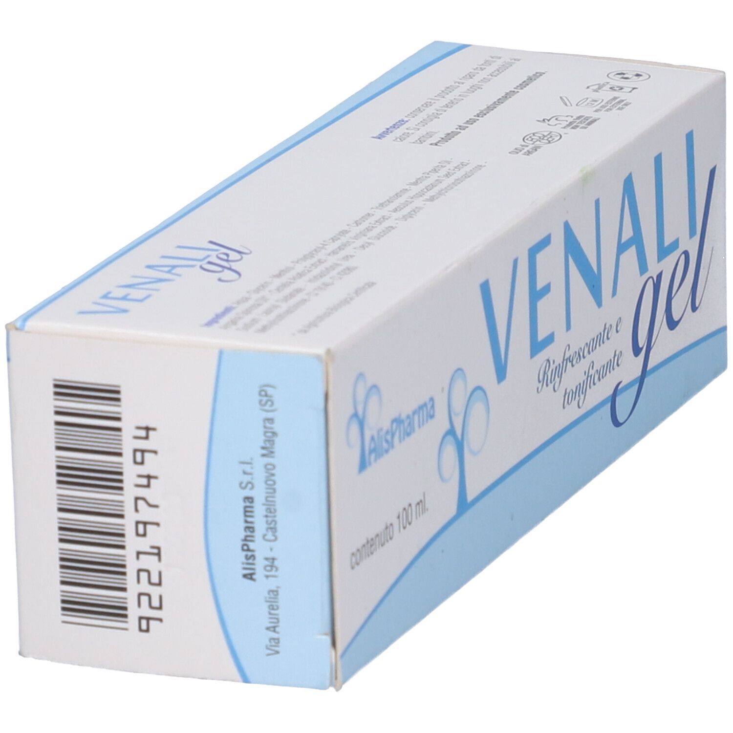Scatola angolata. Scritta VENALI gel. Retro con codice a barre e indirizzo produttore.