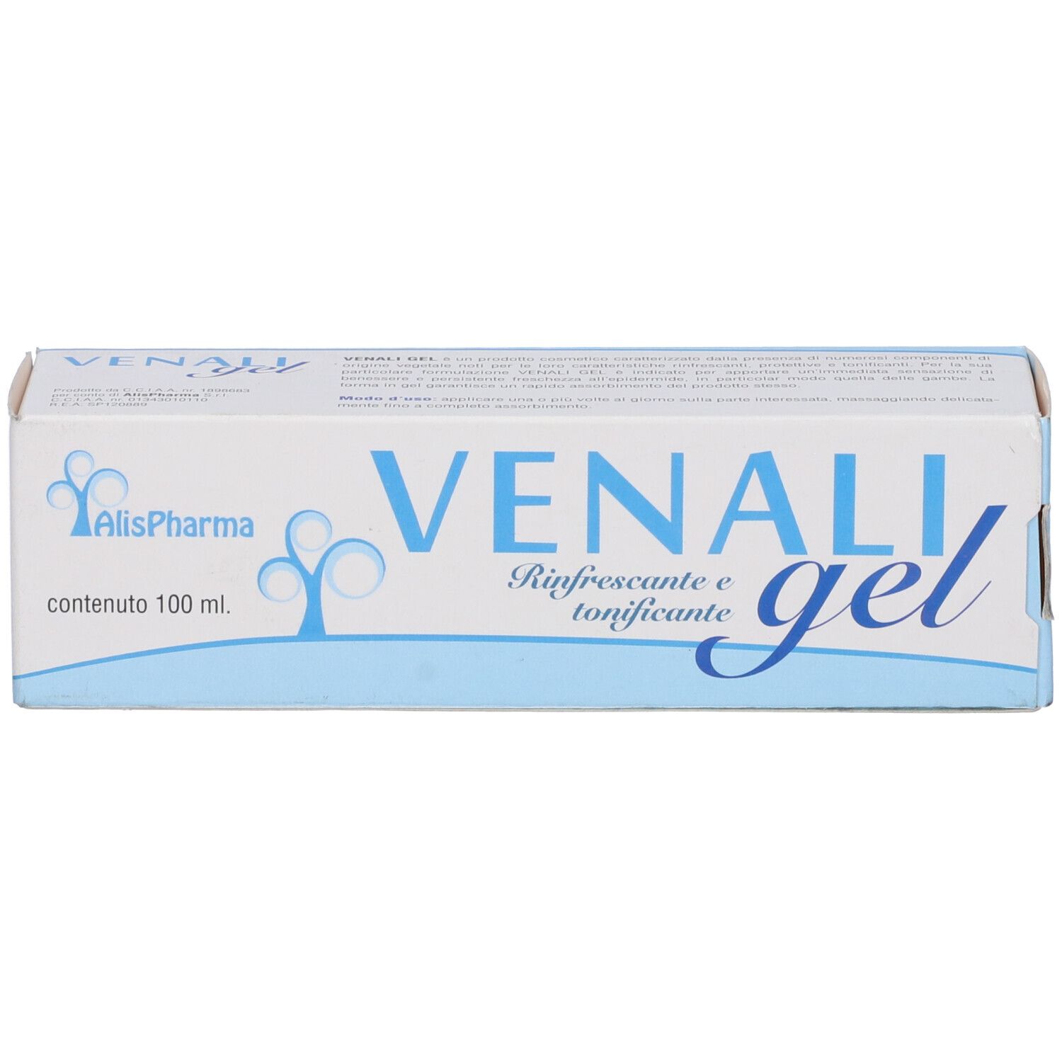 Scatola con scritta VENALI gel. Marchio AlisPharma, rinfrescante e tonificante.