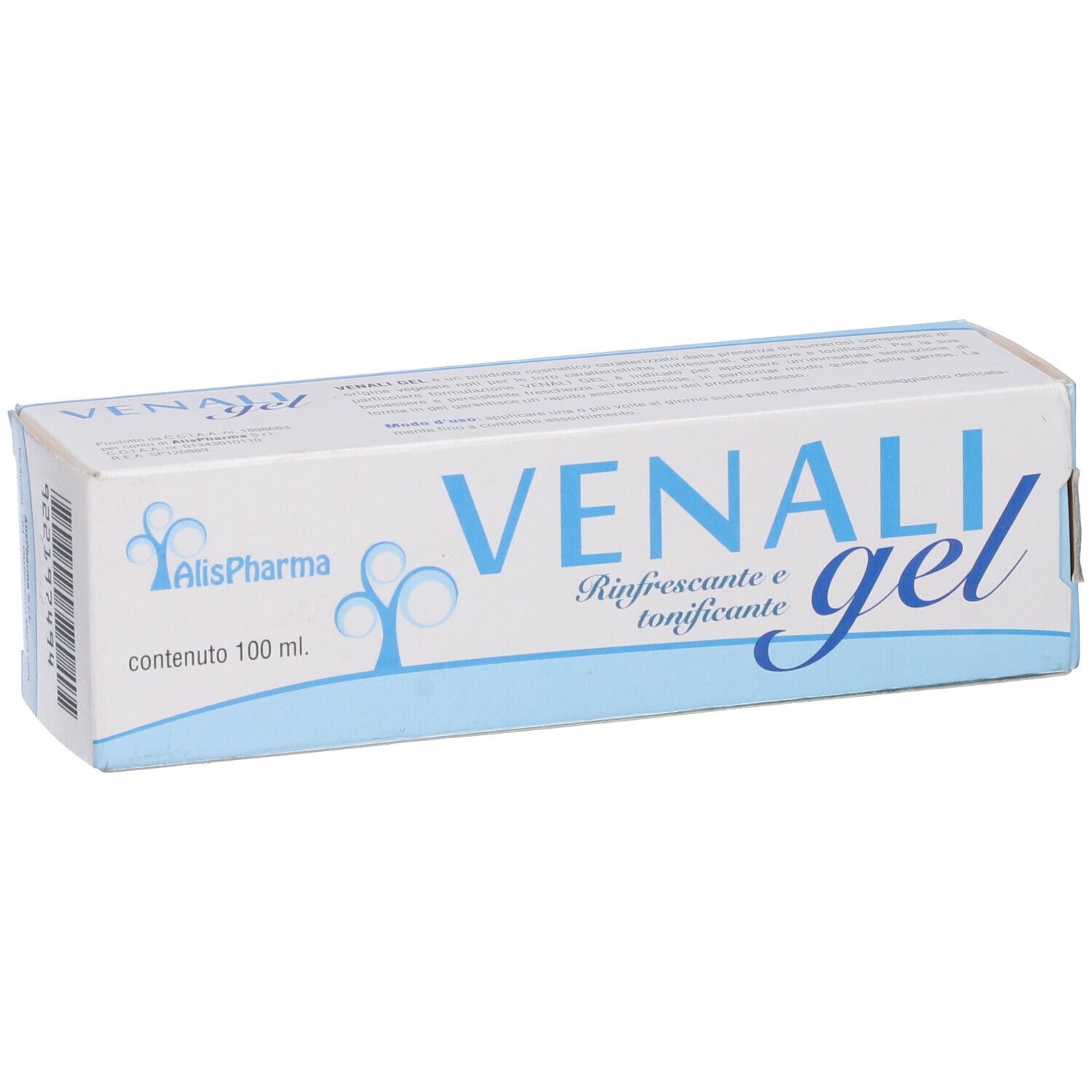 Scatola con scritta VENALI gel. Marchio AlisPharma, rinfrescante e tonificante.