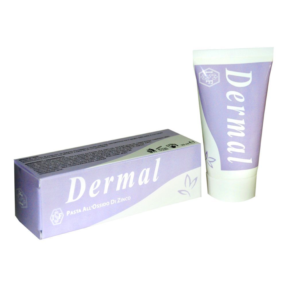 Confezione e tubo del prodotto. Scritta "Dermal". Scatola con testo. Tubo con design viola e bianco.