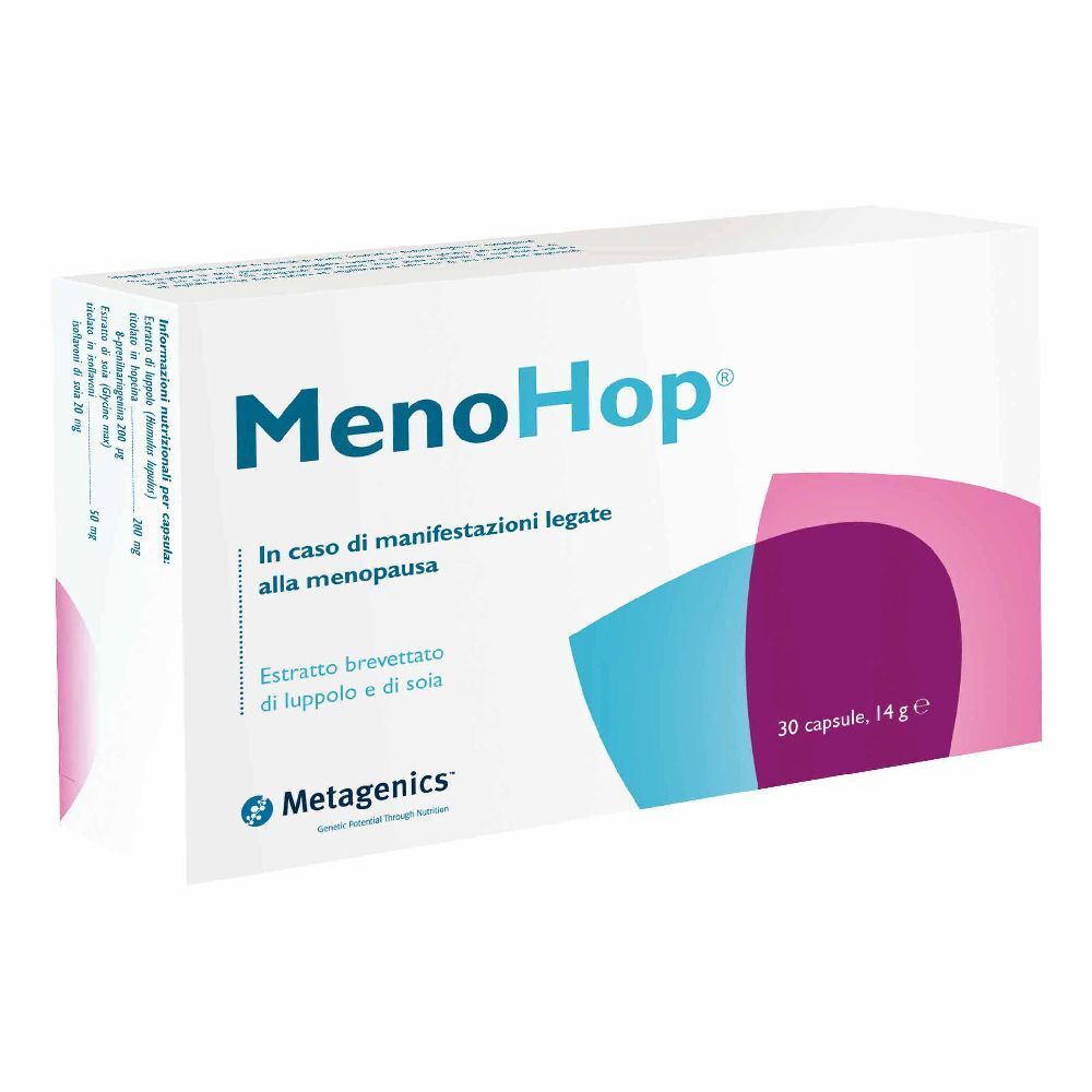 Scatola bianca con scritta "MenoHop". Contiene 30 capsule. Marchio Metagenics.