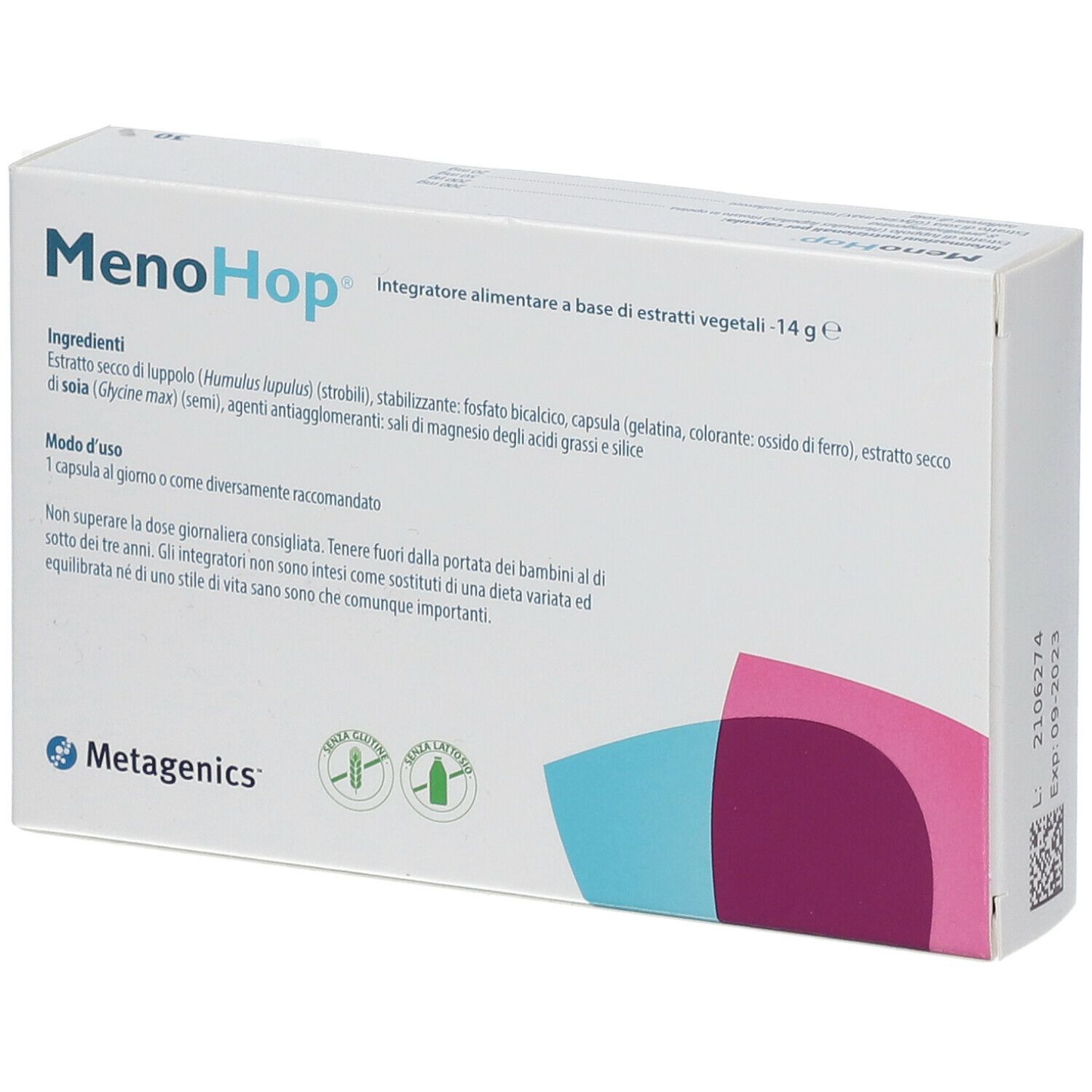 Scatola bianca con scritta "MenoHop". Marchio Metagenics. Retro con informazioni.