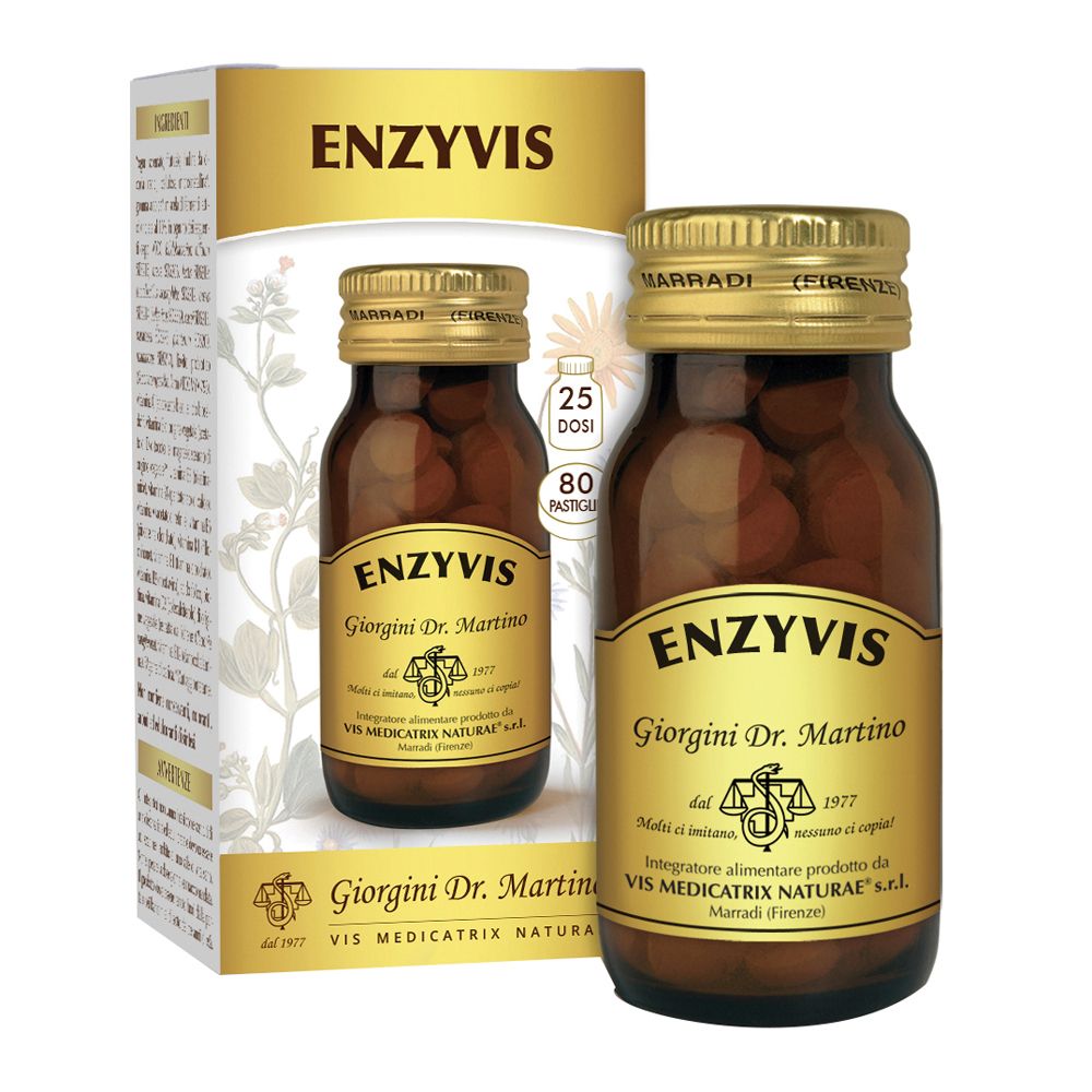 Confezione e flacone Enzyvis. Compresse marroni in un flacone di vetro. Scritta: Enzyvis, Giorgini Dr. Martino.