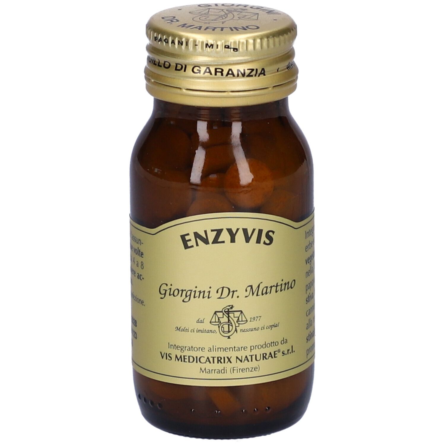 Compresse marroni in un flacone di vetro. Scritta: Enzyvis, Giorgini Dr. Martino. Tappo dorato.