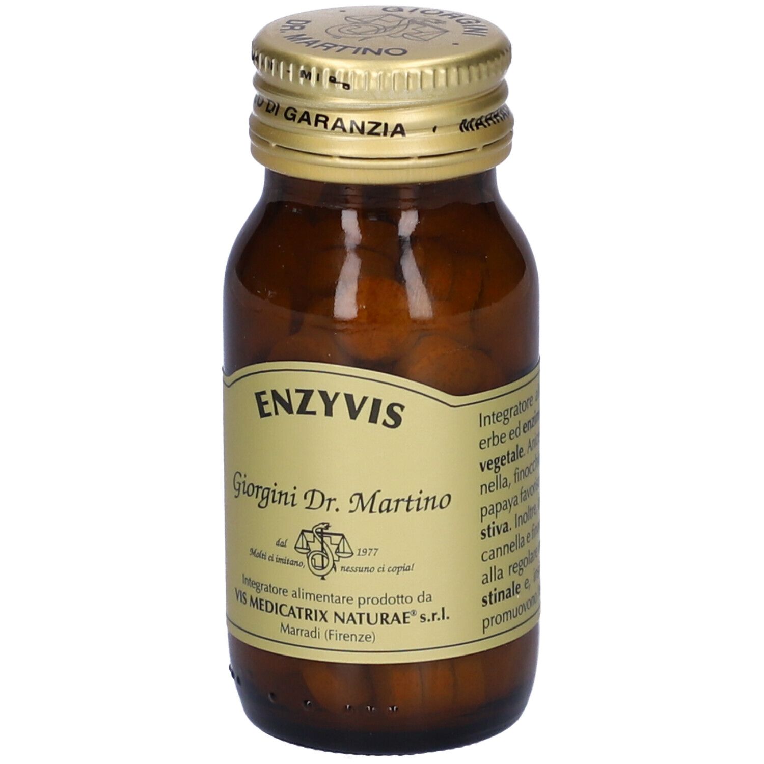 Compresse marroni in un flacone di vetro. Scritta: Enzyvis, Giorgini Dr. Martino. Retro con testo.
