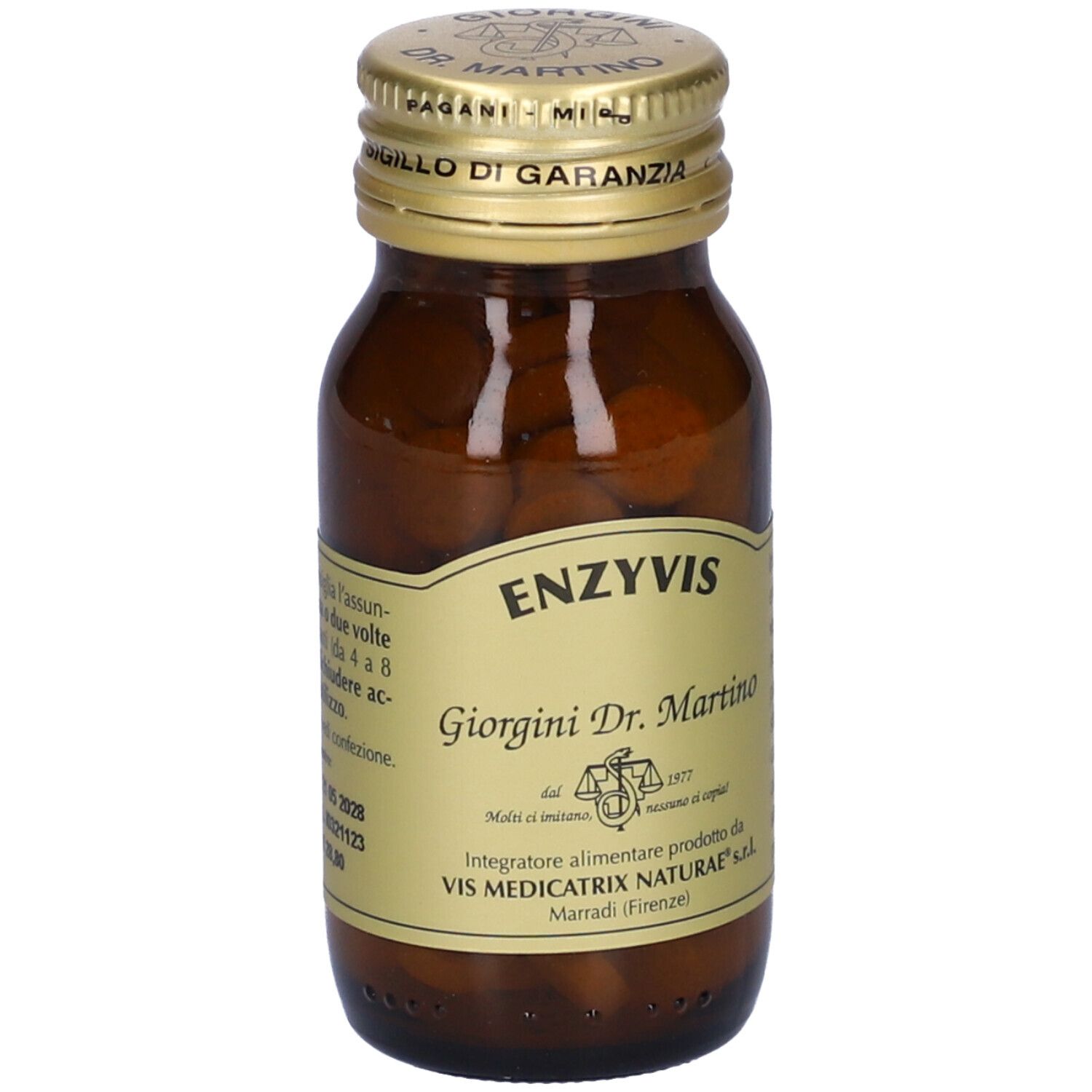 Compresse marroni in un flacone di vetro. Scritta: Enzyvis, Giorgini Dr. Martino. Retro con testo.