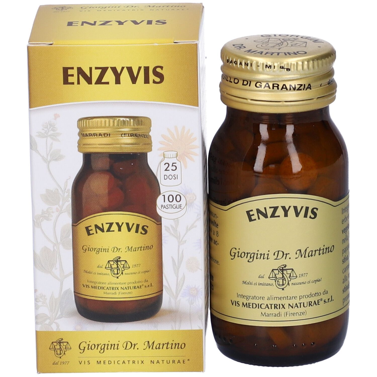 Confezione e flacone Enzyvis. Compresse marroni in un flacone di vetro. Scritta: Enzyvis, Giorgini Dr. Martino.
