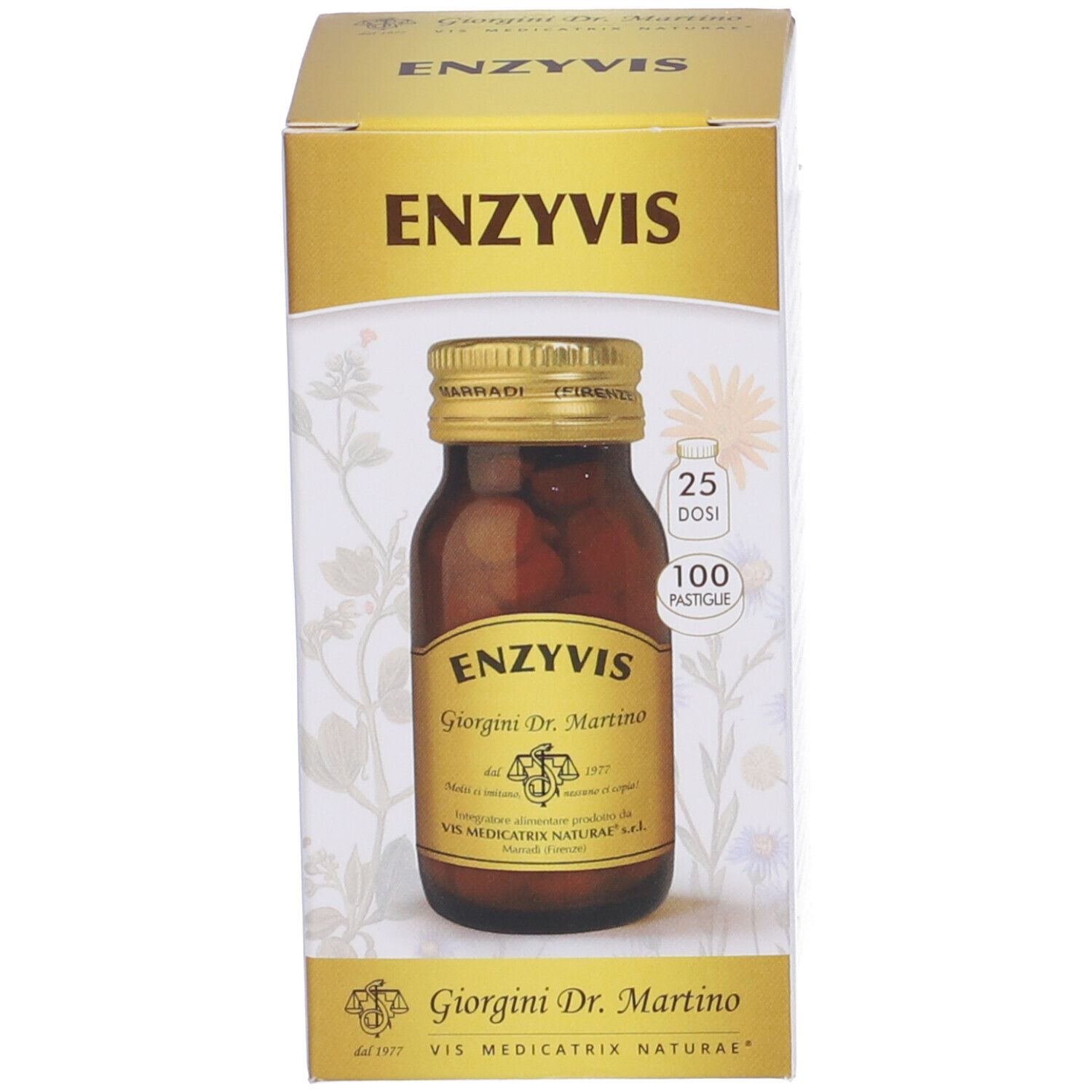 Confezione e flacone Enzyvis. Compresse marroni in un flacone di vetro. Scritta: Enzyvis, Giorgini Dr. Martino.