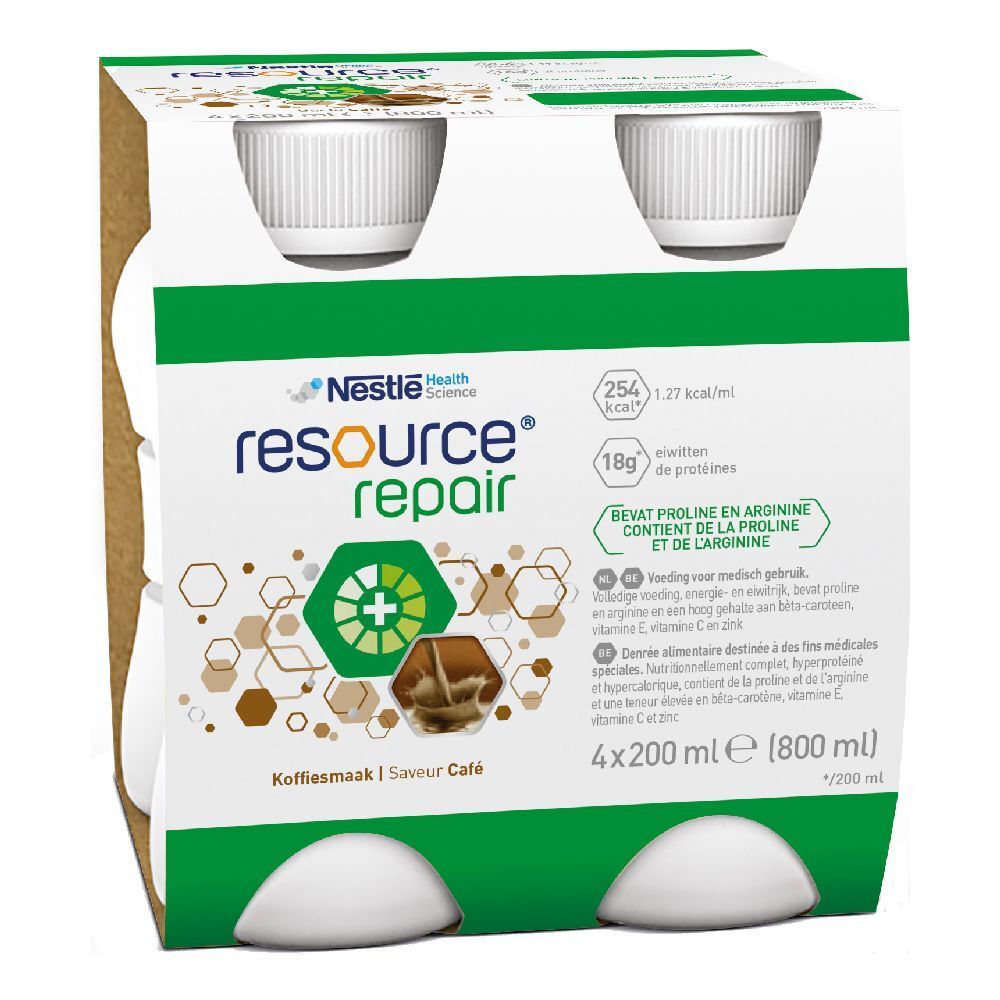 Confezione da quattro bottiglie. Scritta: Resource Repair, Gusto Caffè. Confezione verde e bianca.