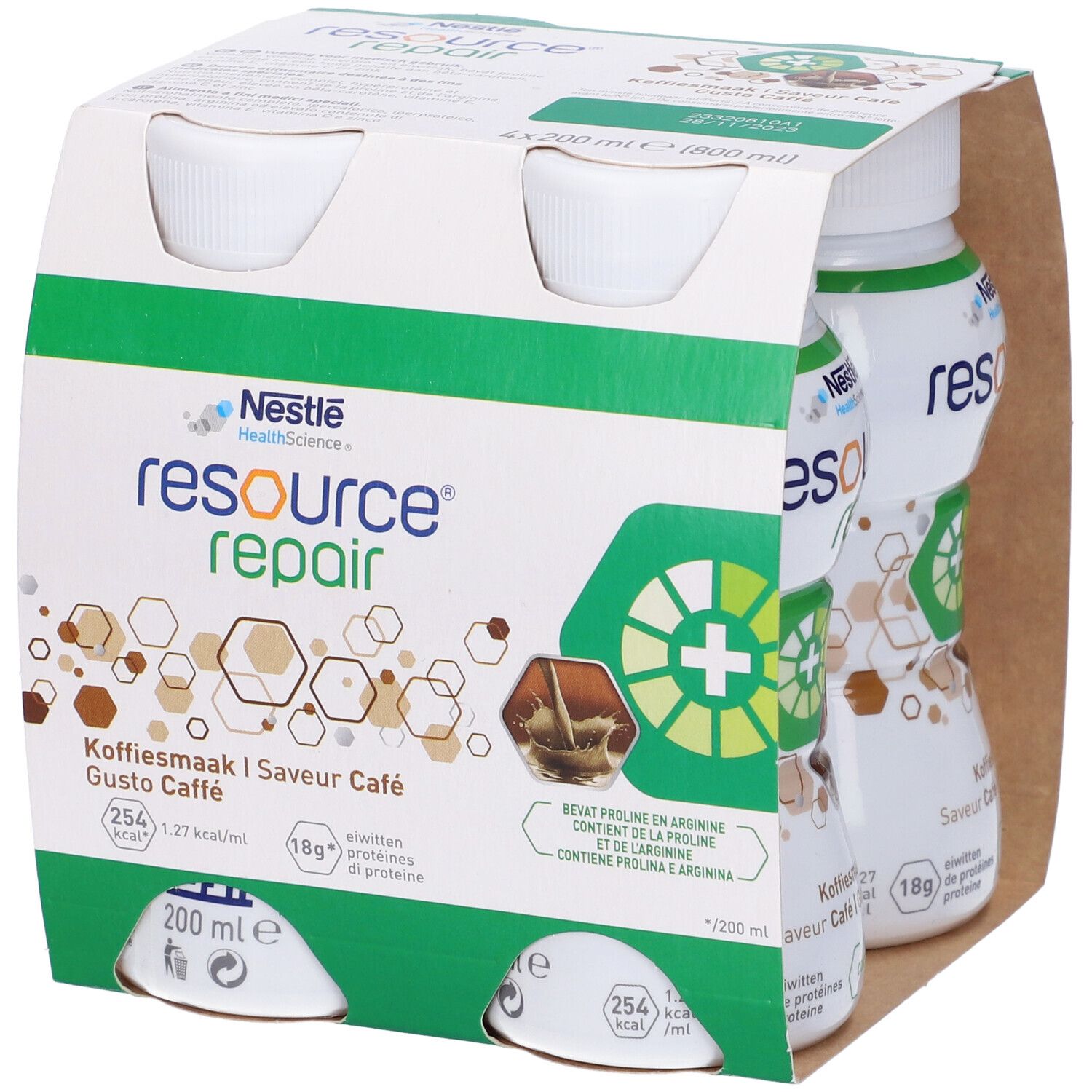 Confezione da quattro bottiglie. Scritta: Resource Repair, Gusto Caffè. Bottiglie parzialmente visibili.