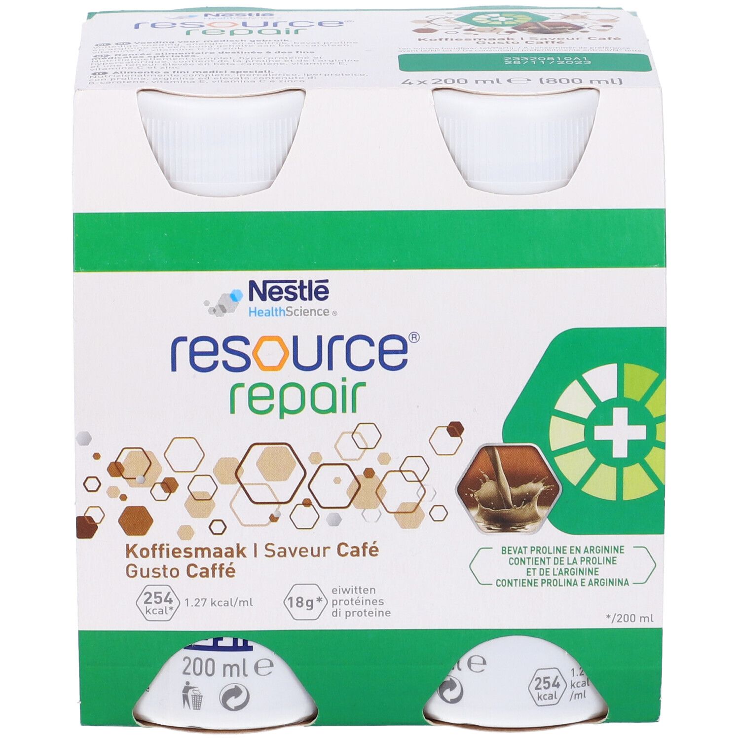 Confezione da quattro bottiglie. Scritta: Resource Repair, Gusto Caffè. Confezione verde e bianca.