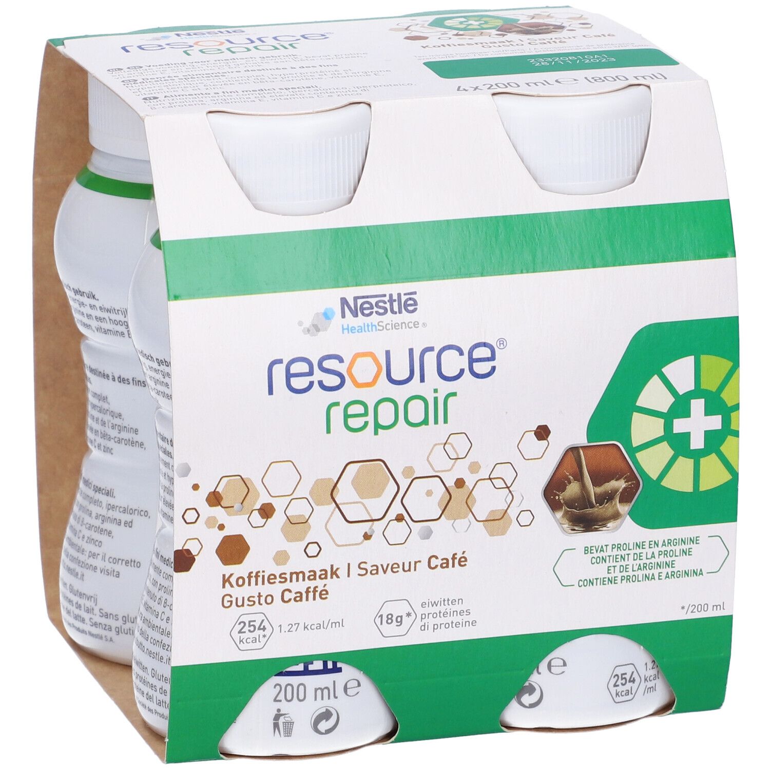 Confezione da quattro bottiglie. Scritta: Resource Repair, Gusto Caffè. Bottiglie parzialmente visibili.