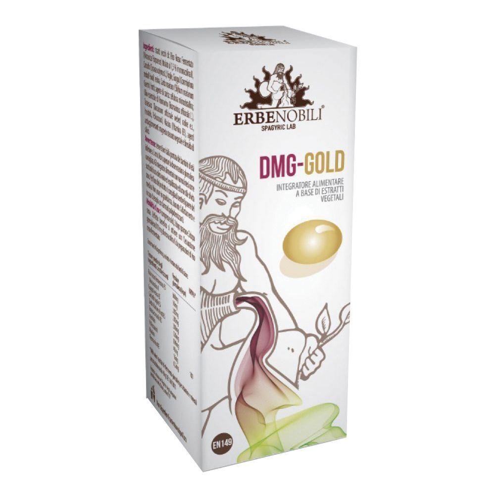 Scatola bianca con nome prodotto DMG-GOLD e logo. Contiene immagine di capsula. Testo in italiano.