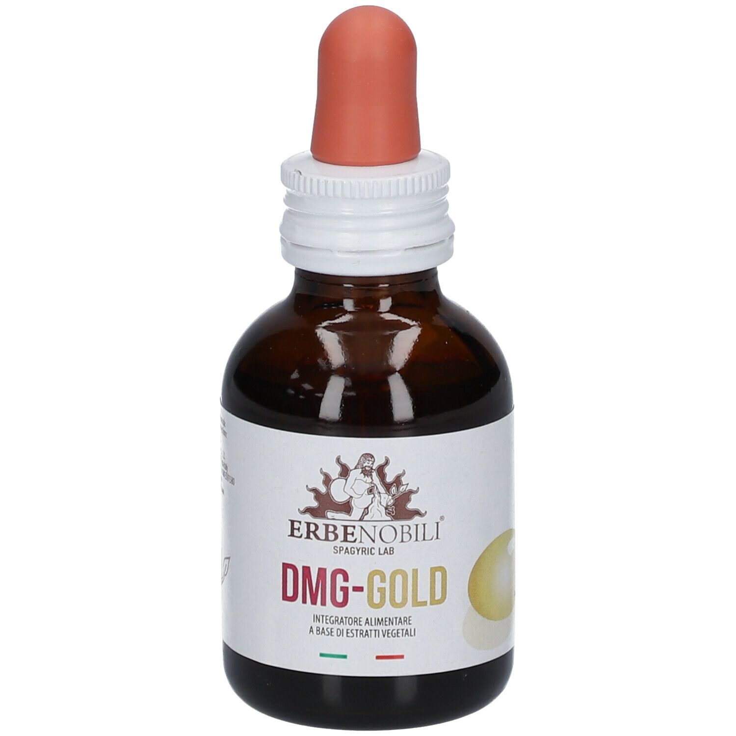 Flacone di vetro marrone con contagocce. Etichetta con nome prodotto DMG-GOLD e logo. Testo in italiano.