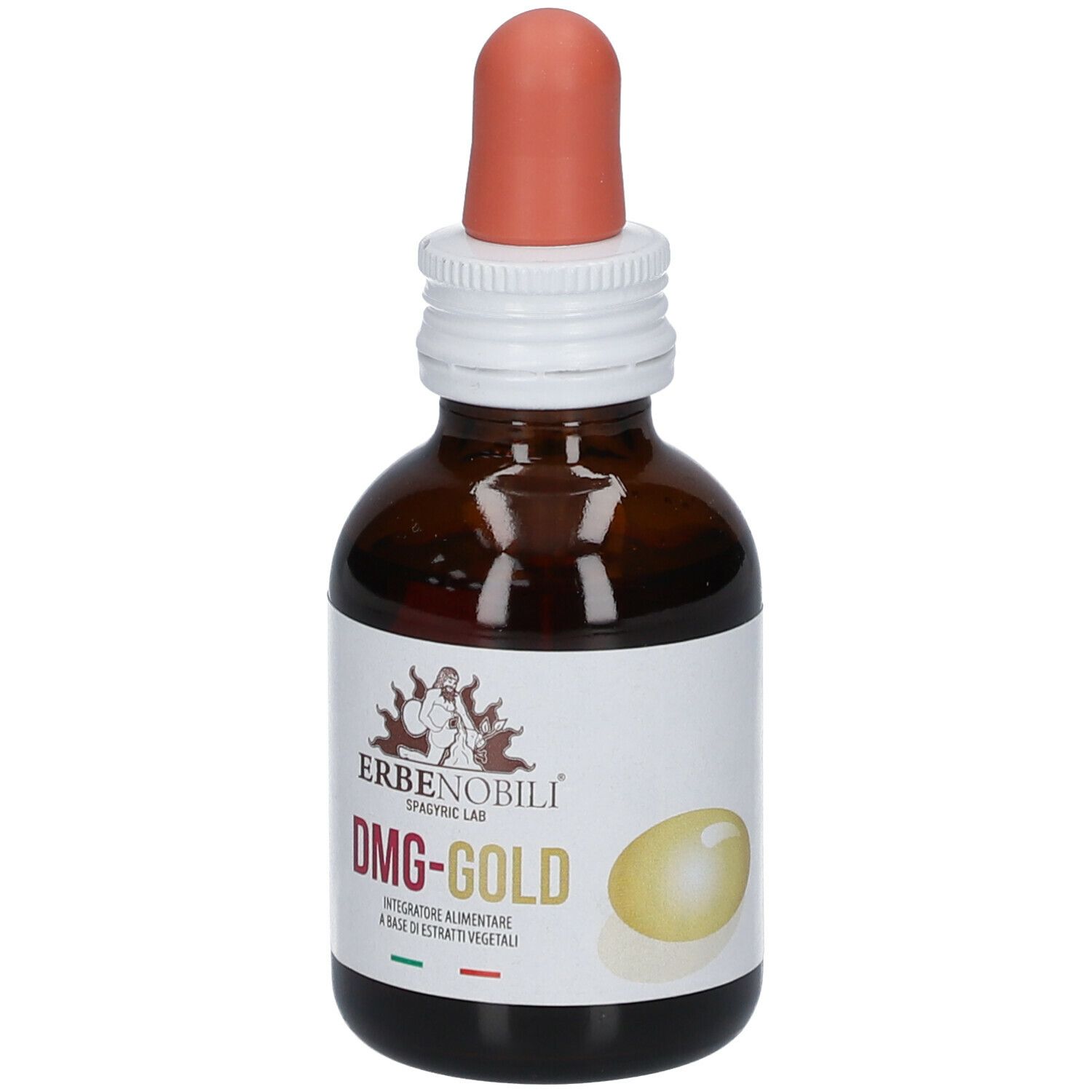 Flacone di vetro marrone con contagocce. Etichetta con nome prodotto DMG-GOLD e logo. Testo in italiano.