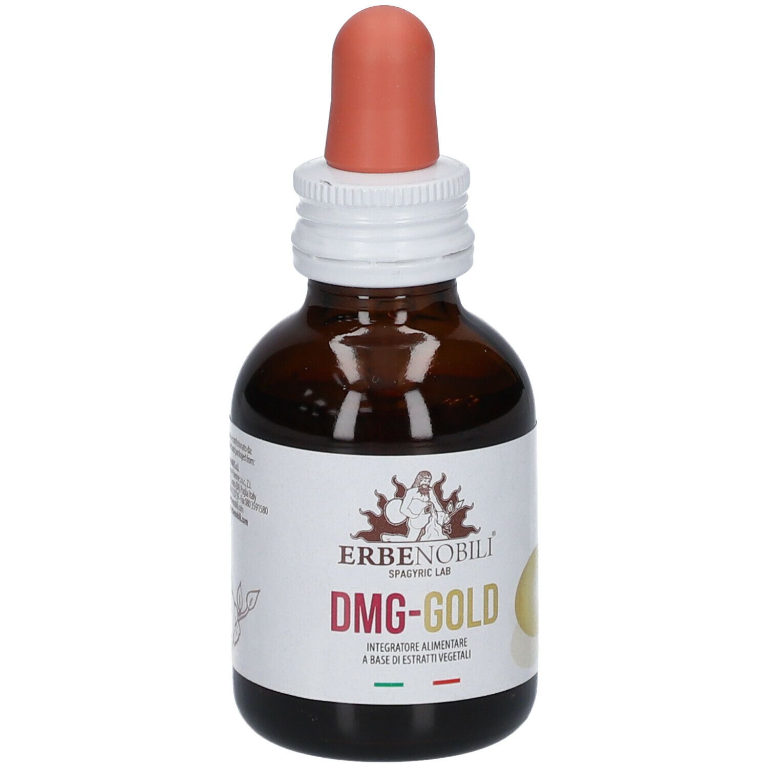 Flacone di vetro marrone con contagocce. Etichetta con nome prodotto DMG-GOLD e logo. Testo in italiano.