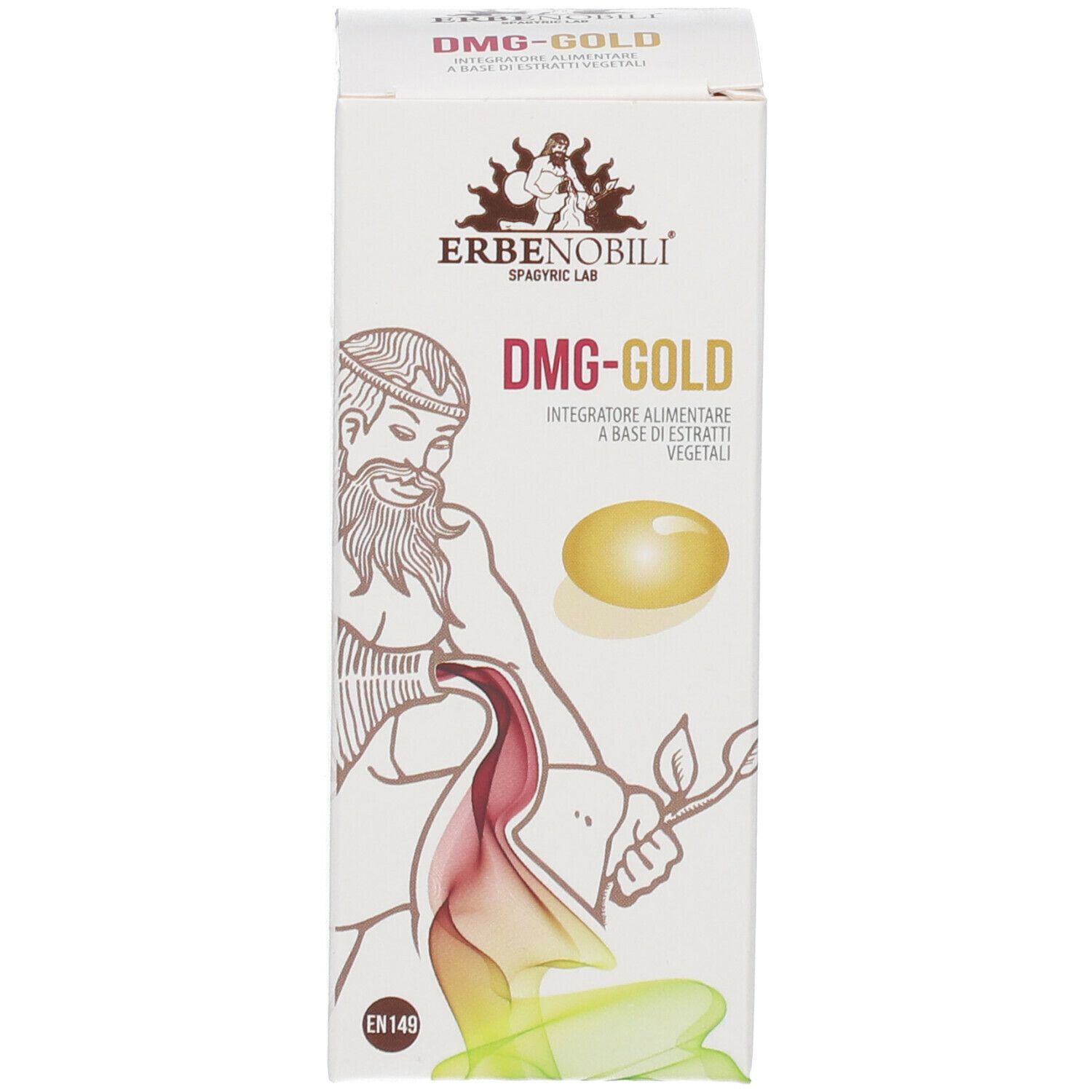 Scatola bianca con nome prodotto DMG-GOLD e logo. Contiene immagine di capsula. Testo in italiano.