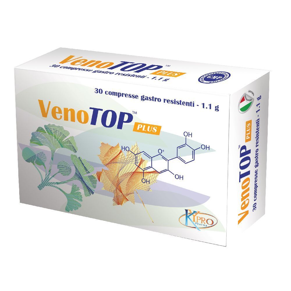 Confezione di Venotop Plus. Contiene 30 compresse gastroresistenti. Scritta: VenoTOP PLUS.