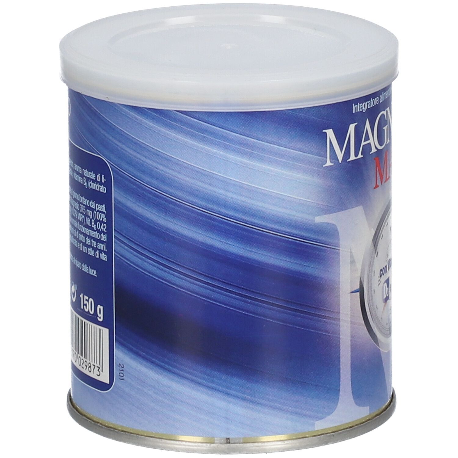 Barattolo Santiveri Magnesio Max. Barattolo blu con informazioni sul prodotto e codice a barre. Contiene 150 g.