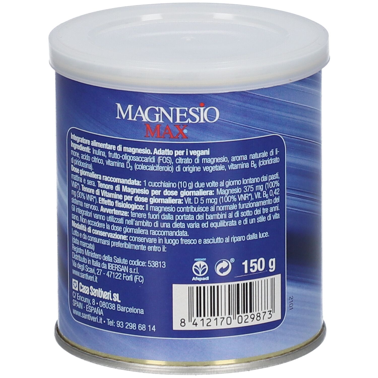 Barattolo Santiveri Magnesio Max. Barattolo blu con informazioni sul prodotto, ingredienti e codice a barre. Contiene 150 g.