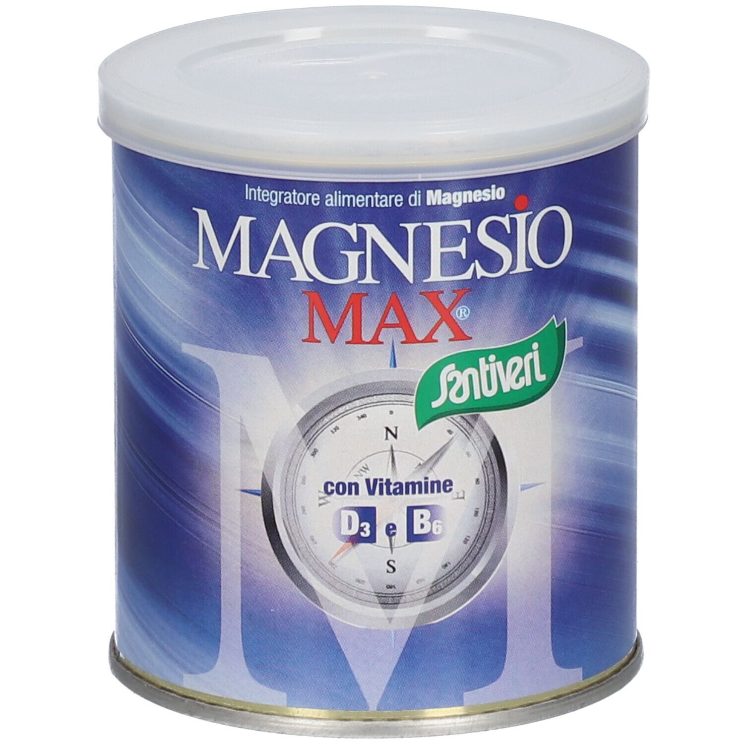 Barattolo Santiveri Magnesio Max. Coperchio bianco, barattolo blu con nome e logo del prodotto. Contiene vitamina D3 e B6.