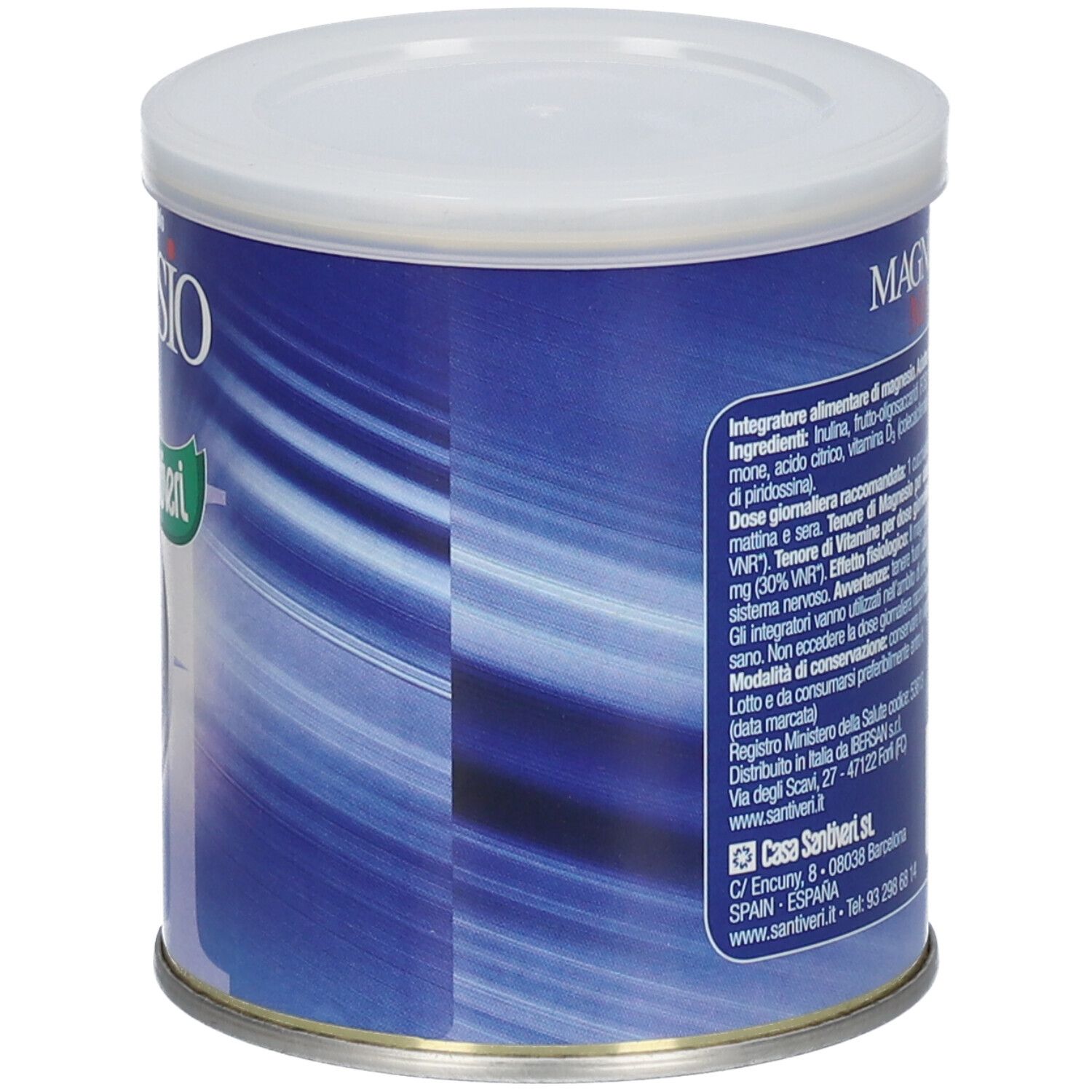 Barattolo Santiveri Magnesio Max. Barattolo blu con informazioni sul prodotto e codice a barre. Contiene 150 g.