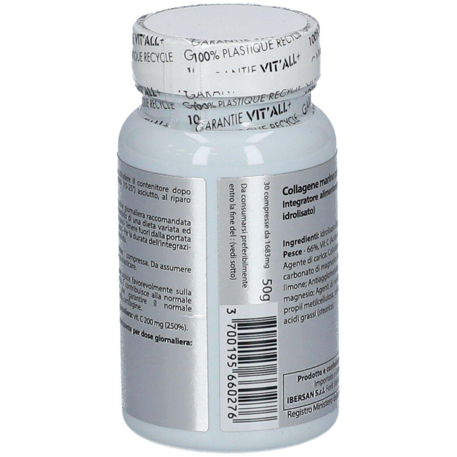Retro del flacone bianco. Testo con ingredienti e informazioni produttore. 'Collagen Marino Puro 1000mg'.