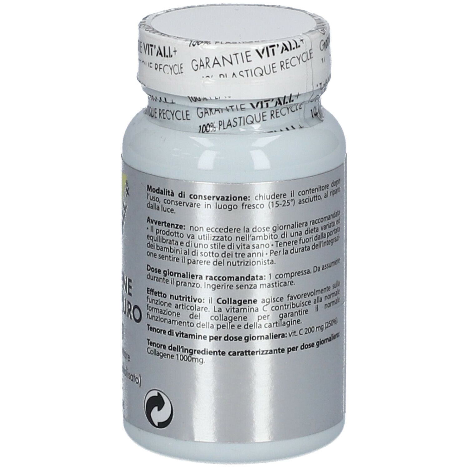 Retro del flacone bianco. Testo con ingredienti e informazioni produttore. 'Collagen Marino Puro 1000mg'.