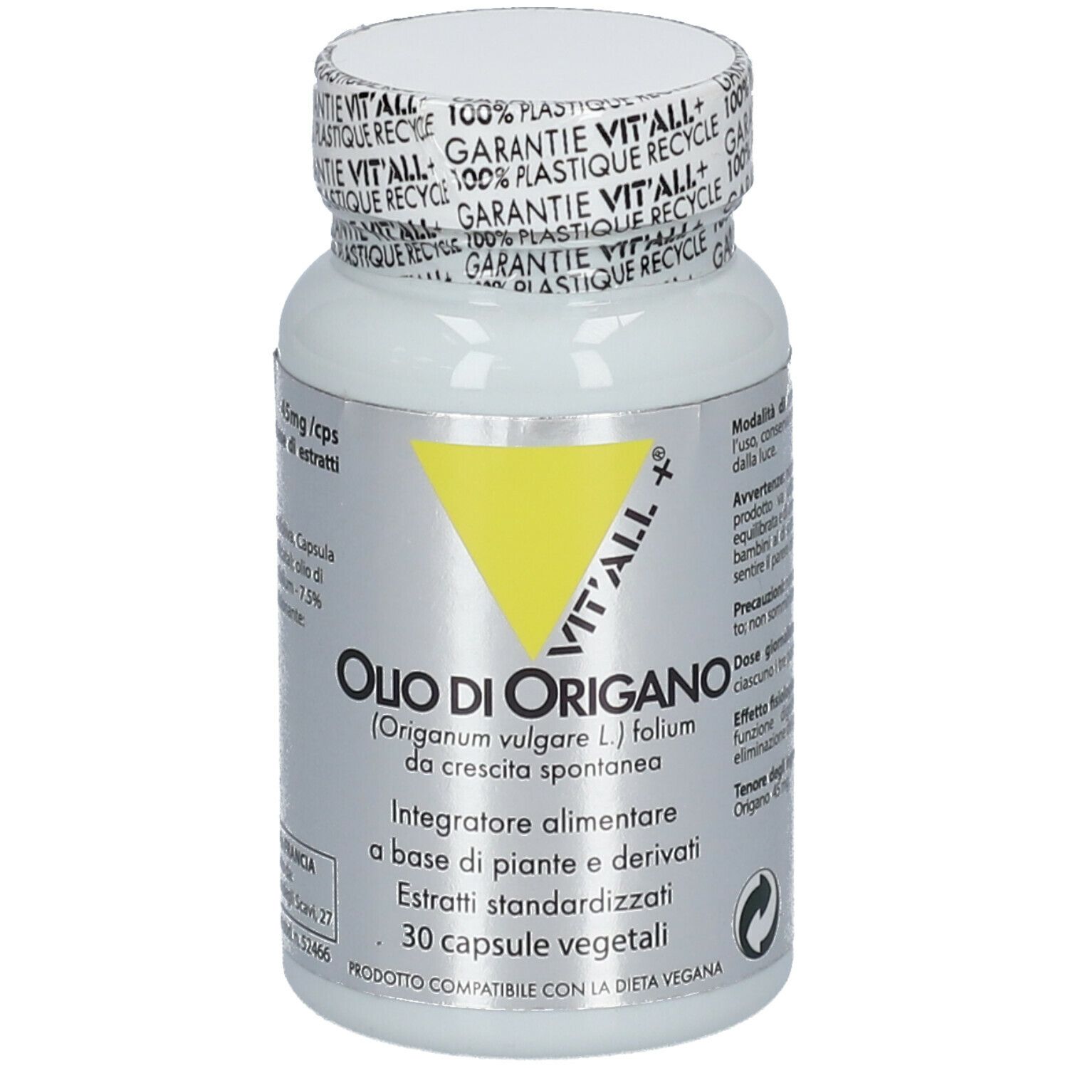 Flacone bianco con capsule. Scritta: Olio di Origano, VIT'ALL+. Triangolo giallo. 30 capsule. Tappo con scritta: 100% Plastic Recycle.