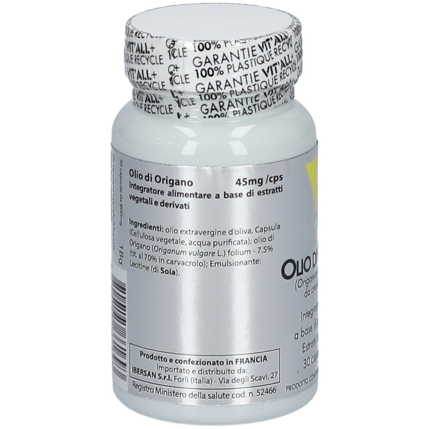 Retro del flacone. Scritta: Olio di Origano, 45mg/cps. Elenco ingredienti. Prodotto in Francia. 30 capsule. Tappo con scritta: 100% Plastic Recycle.