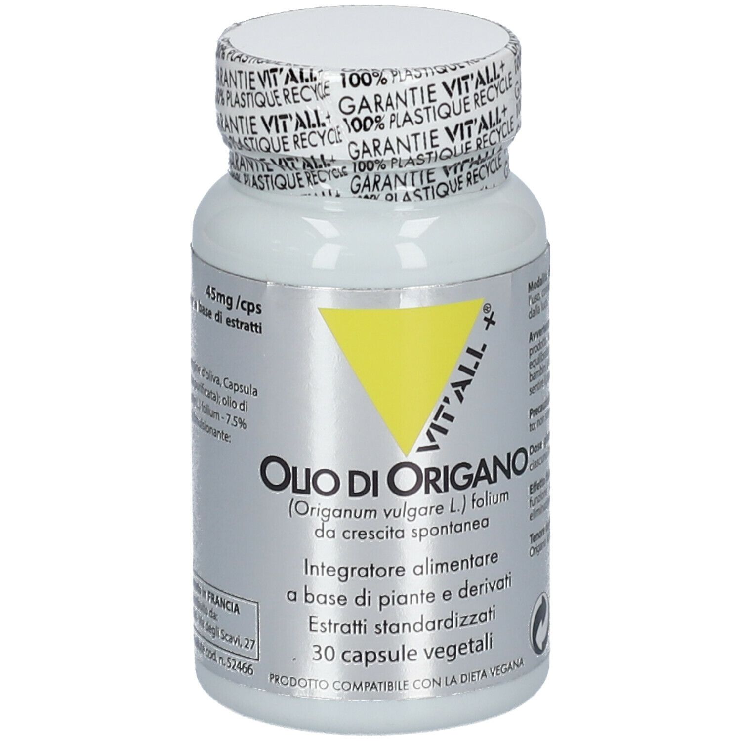 Flacone bianco con capsule. Scritta: Olio di Origano, VIT'ALL+. Triangolo giallo. 30 capsule. Tappo con scritta: 100% Plastic Recycle.