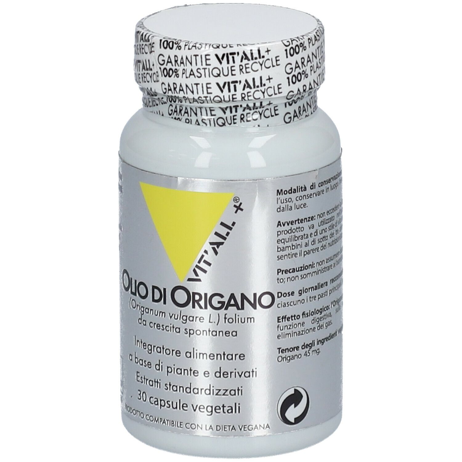 Flacone bianco con capsule. Scritta: Olio di Origano, VIT'ALL+. Triangolo giallo. 30 capsule. Tappo con scritta: 100% Plastic Recycle.