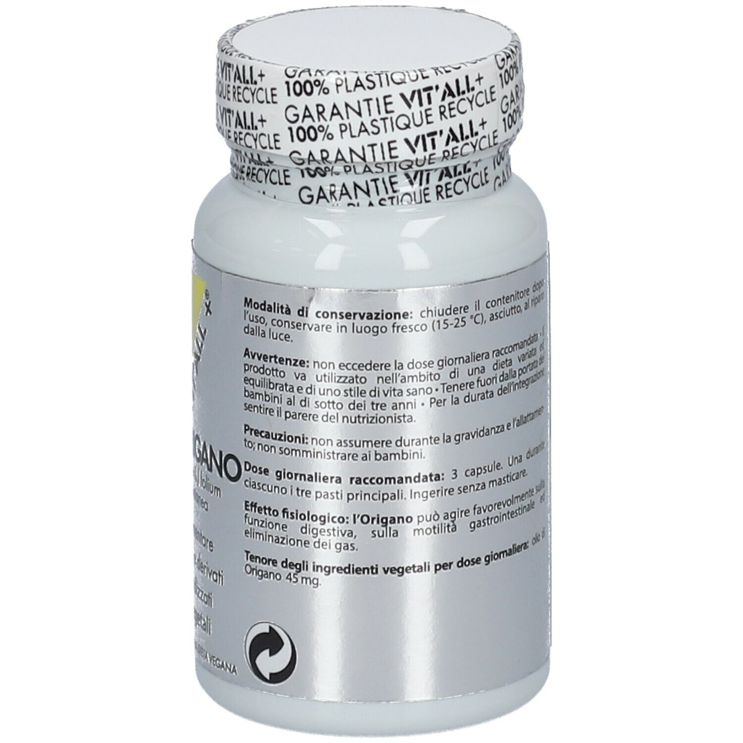 Retro del flacone. Scritta: Olio di Origano, 45mg. Istruzioni per l'uso. 30 capsule. Tappo con scritta: 100% Plastic Recycle.