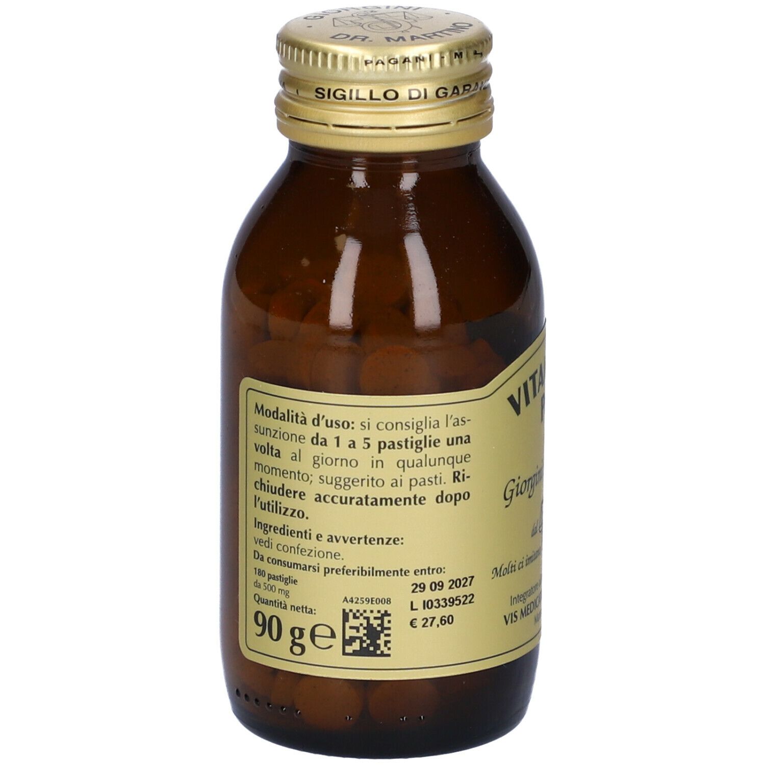Braune Glasflasche mit goldfarbenem Deckel. Rückseite mit Text. Enthält Tabletten. 90g. Mindesthaltbarkeitsdatum.