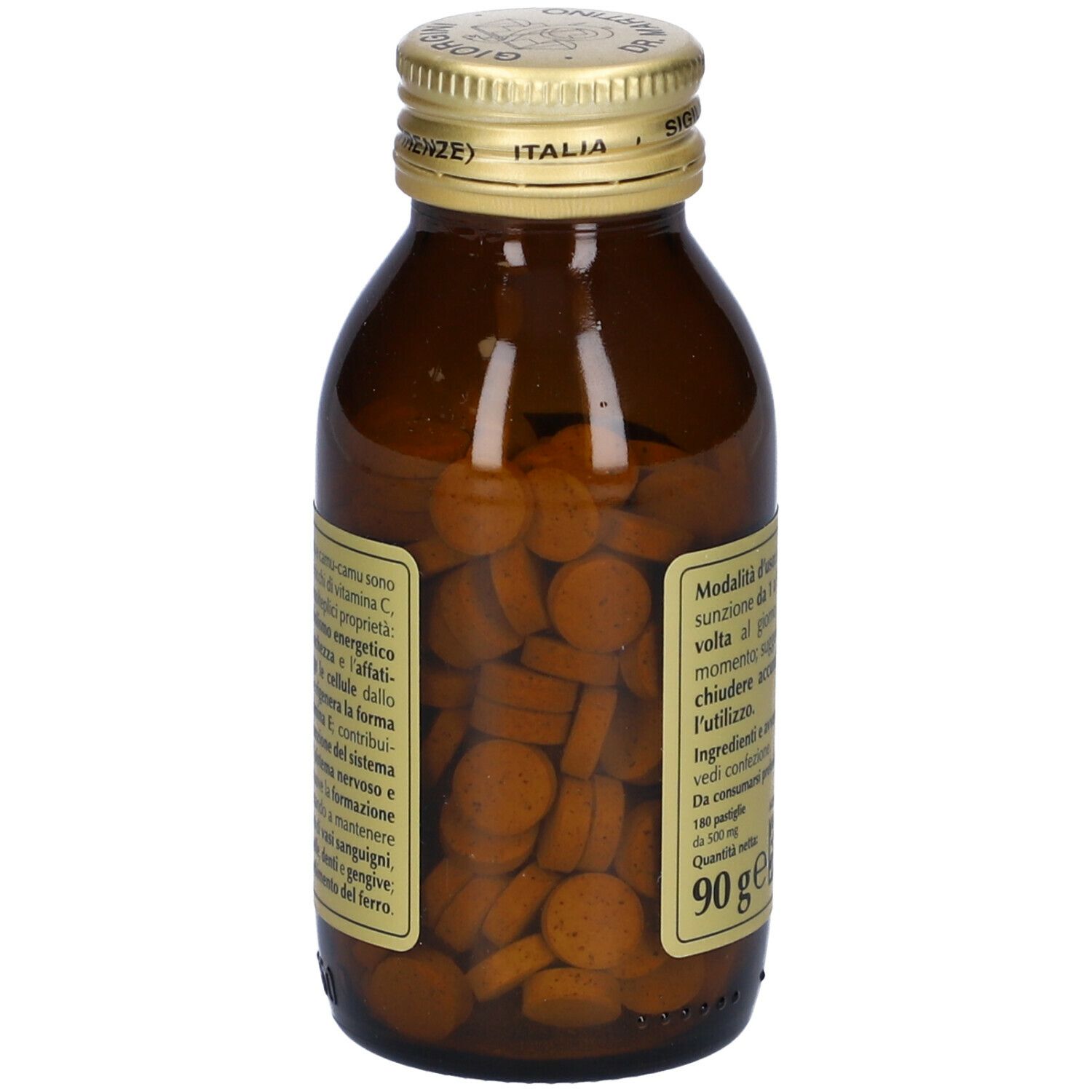 Braune Glasflasche mit goldfarbenem Deckel, gefüllt mit Tabletten. Rückseite mit Text. 90g.