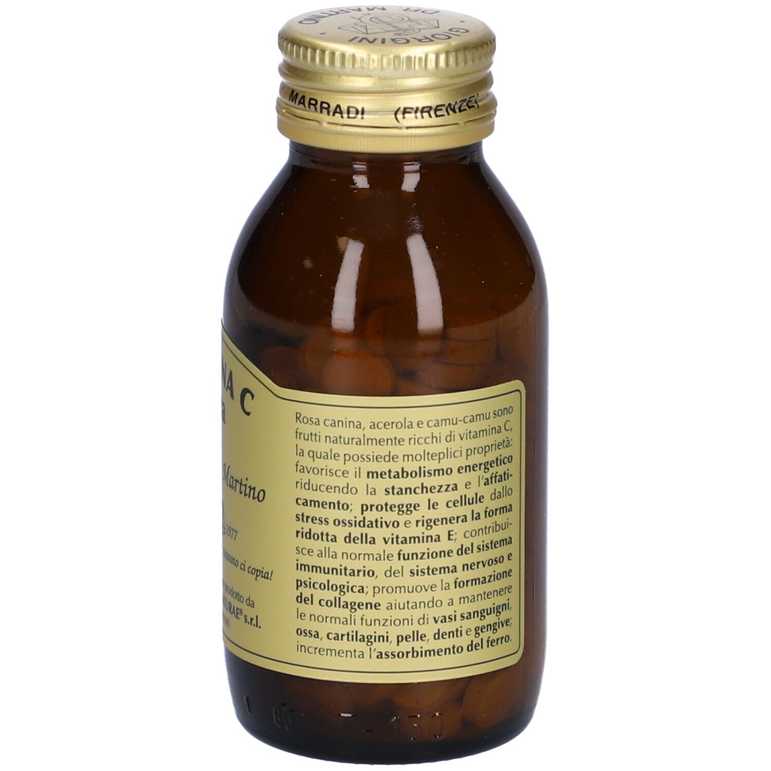 Braune Glasflasche mit goldfarbenem Deckel, gefüllt mit Tabletten. Etikett mit Text: VITAMINA C Pura, Giorgini Dr. Martino.